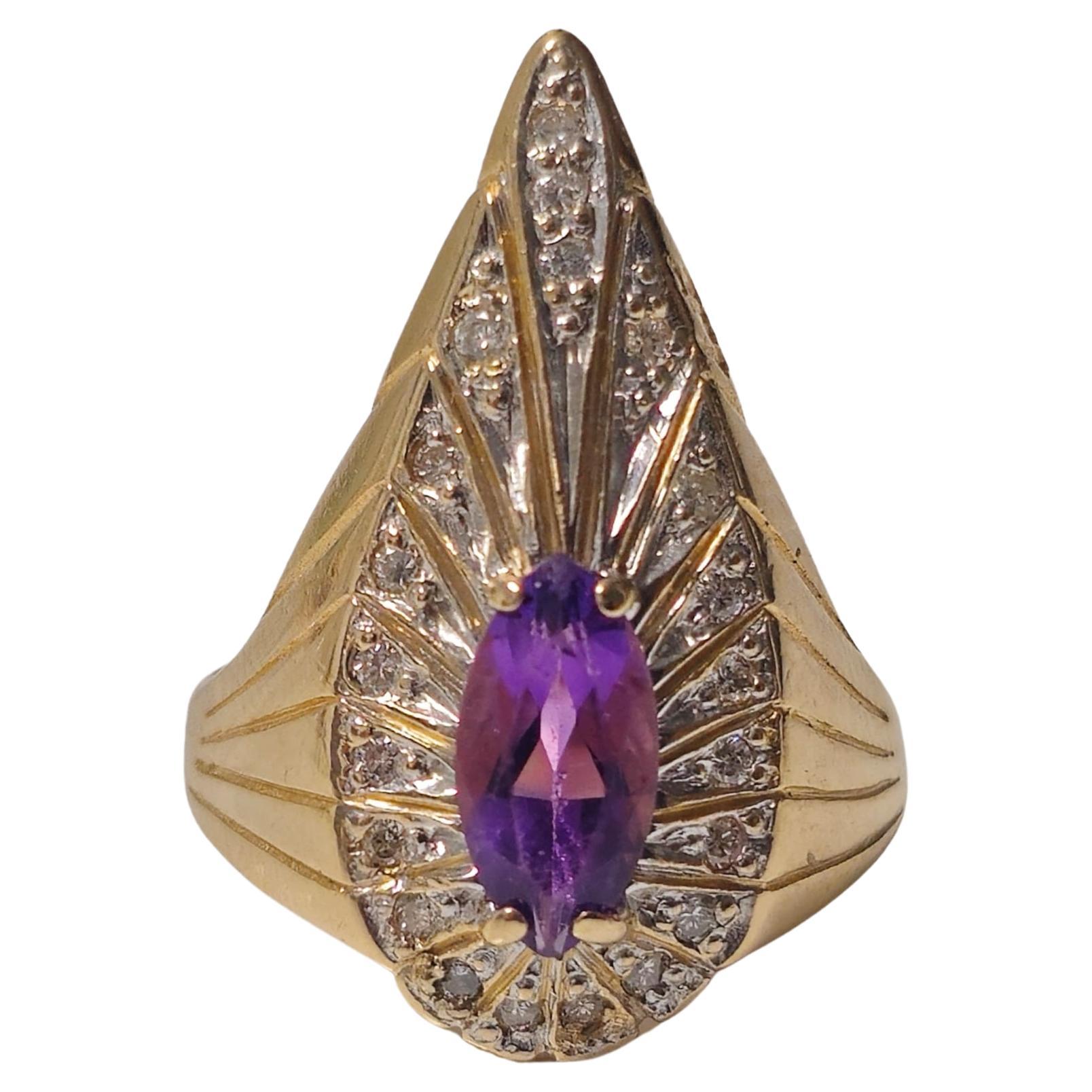 Marquise Amethyst and Diamond Ring in 14k Gold For Sale
