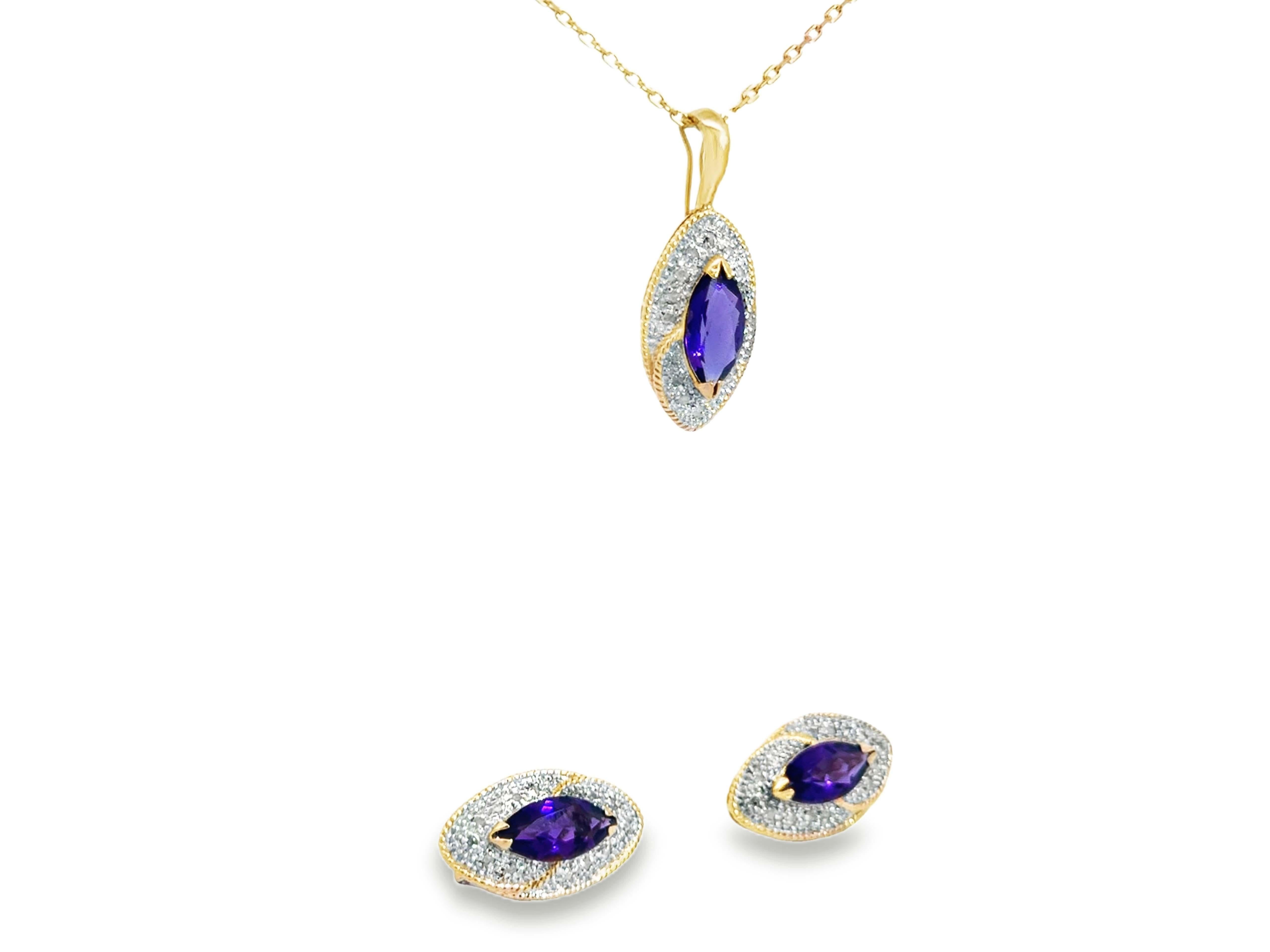 Taglio marquise Collana e orecchini con diamanti e ametista Marquise in oro 14k in vendita