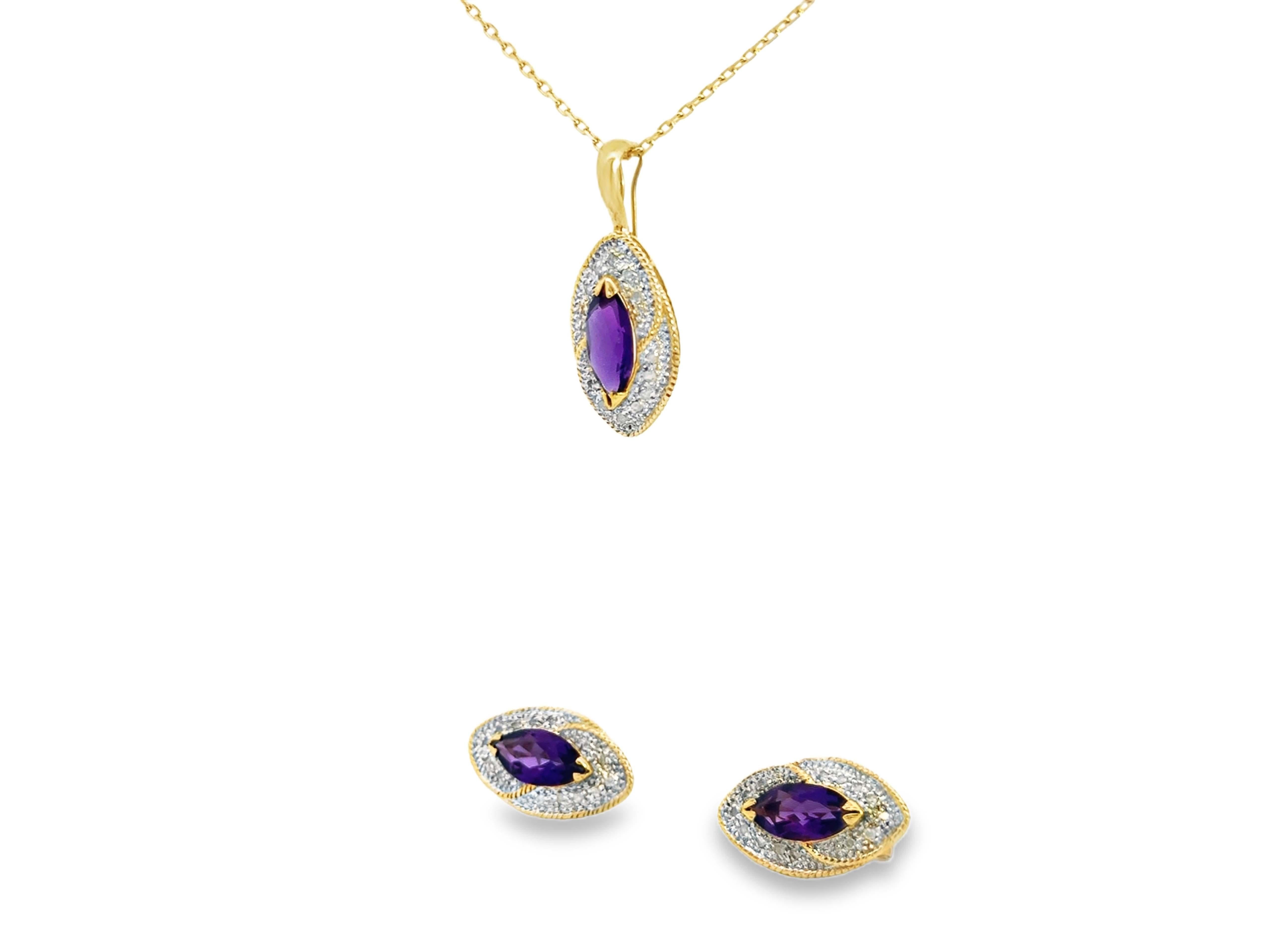 Collana e orecchini con diamanti e ametista Marquise in oro 14k In condizioni Nuovo in vendita a Honolulu, HI