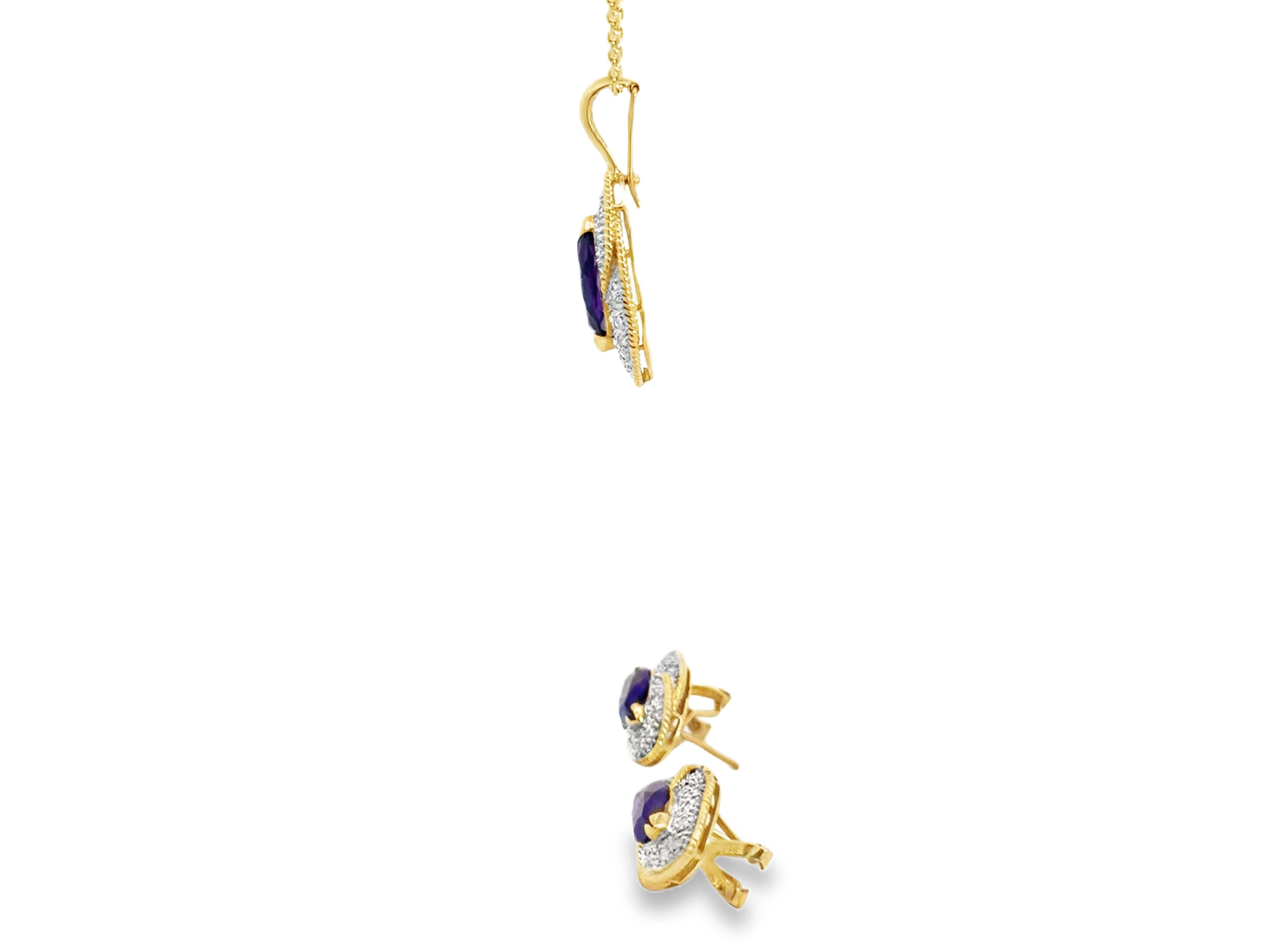 Collana e orecchini con diamanti e ametista Marquise in oro 14k in vendita 1