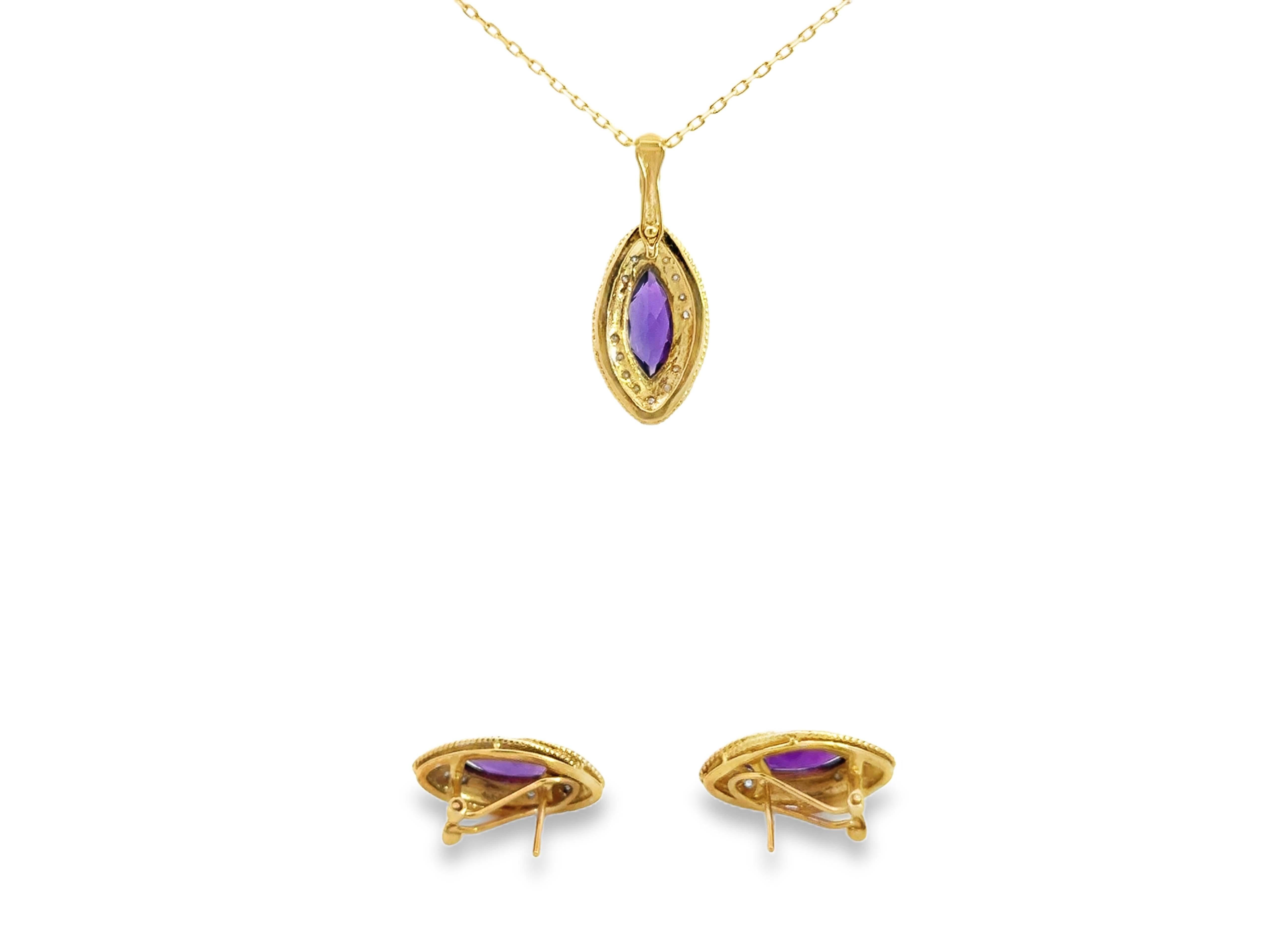 Collana e orecchini con diamanti e ametista Marquise in oro 14k in vendita 2