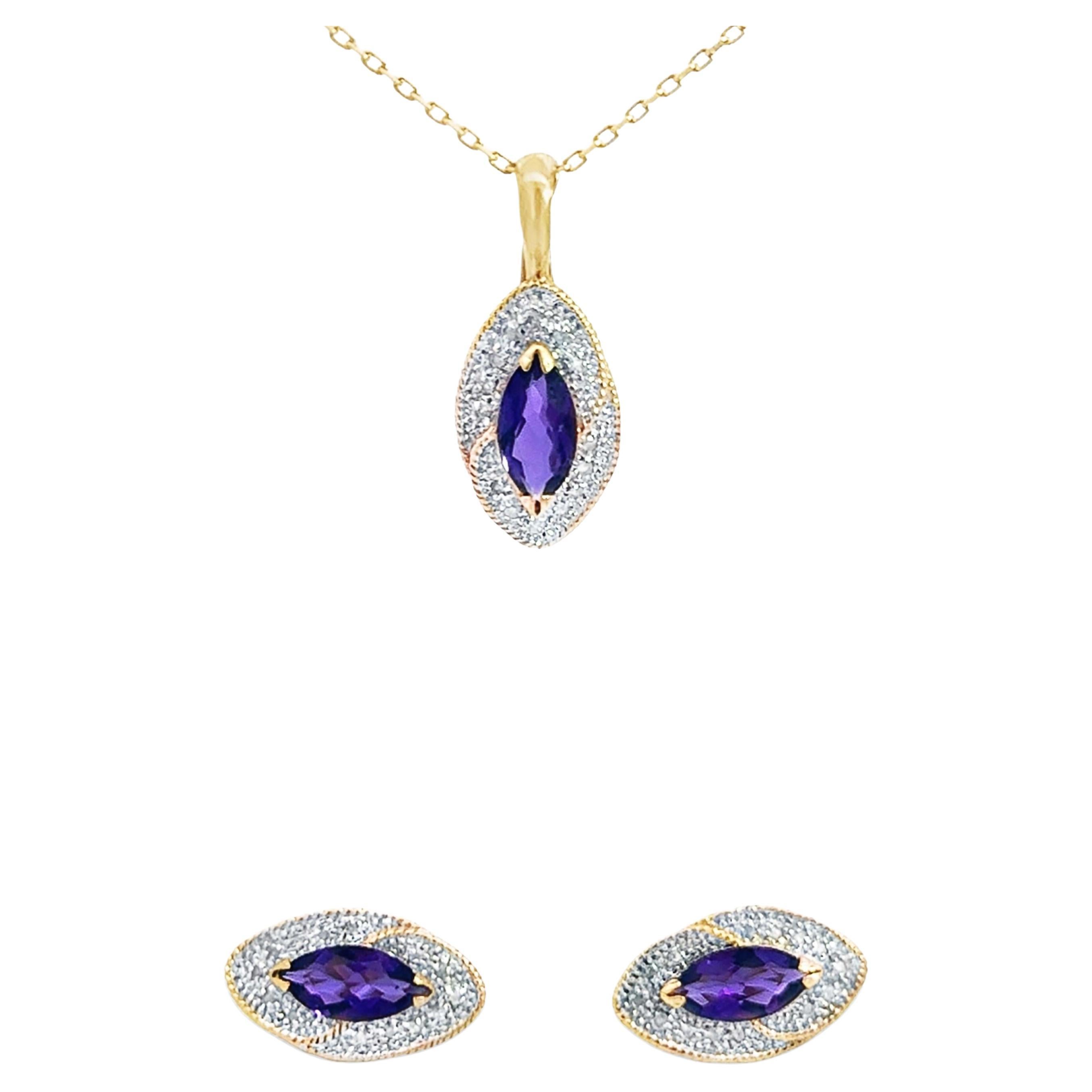 Collana e orecchini con diamanti e ametista Marquise in oro 14k in vendita