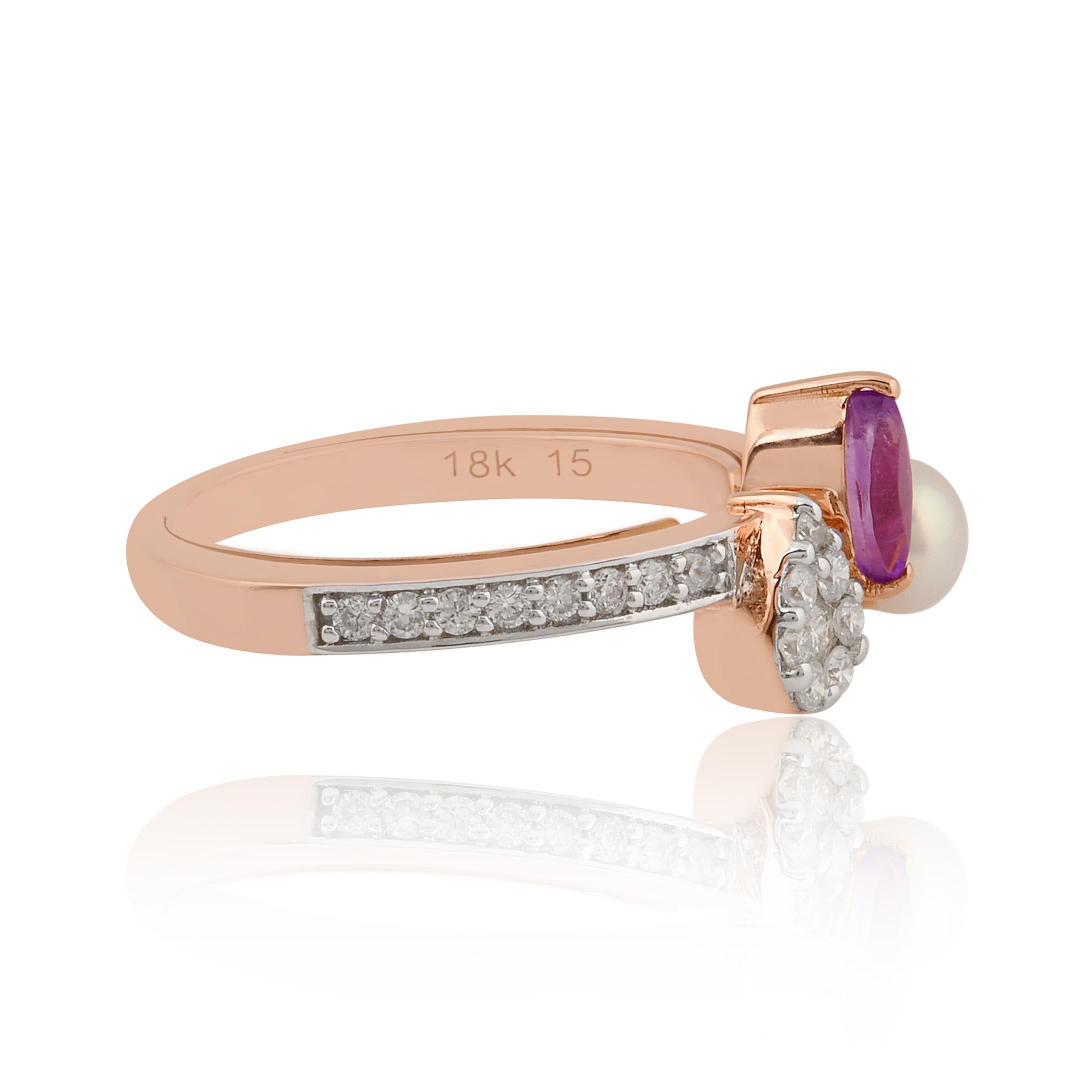 For Sale:  Marquise Amethyst Pearl Ring SI Clarity HI Color Diamond 18k Rose Gold Jewelry 2