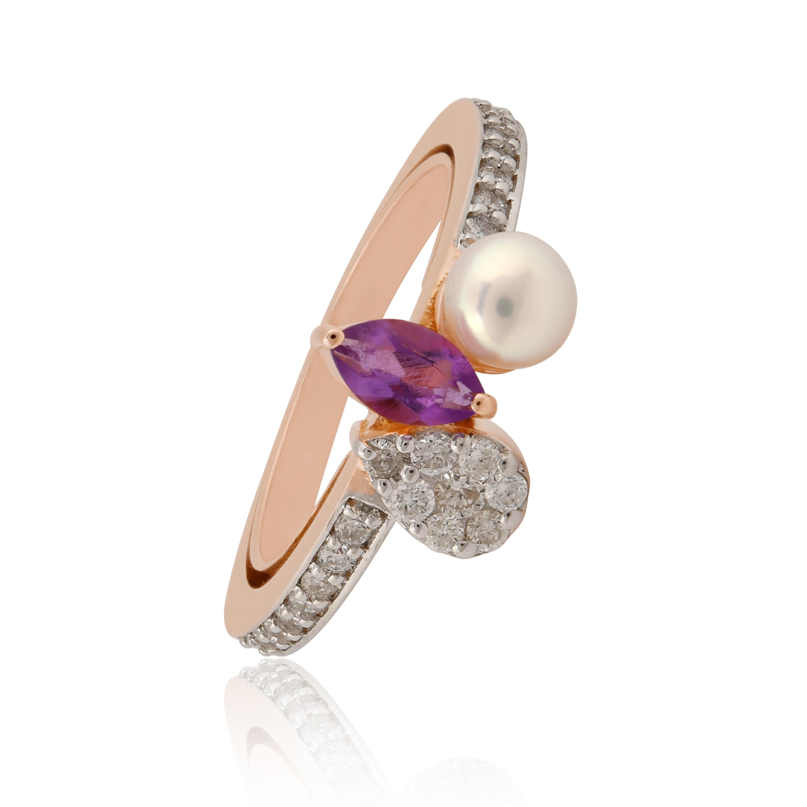 For Sale:  Marquise Amethyst Pearl Ring SI Clarity HI Color Diamond 18k Rose Gold Jewelry 3