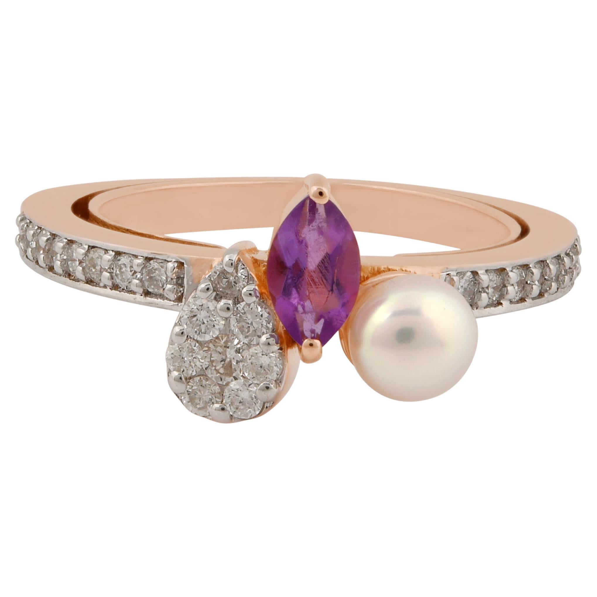 Marquise Amethyst Pearl Ring SI Clarity HI Color Diamond 18k Rose Gold Jewelry