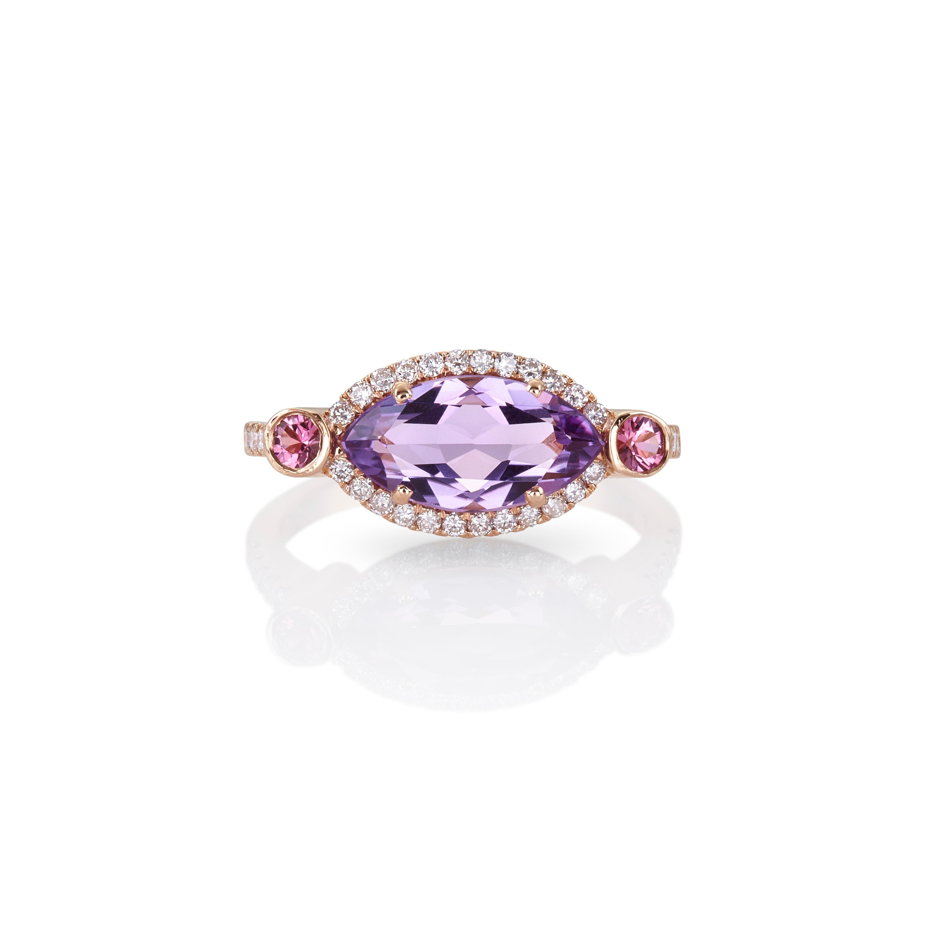 For Sale:  Marquise Amethyst Ring in 18kt Rose Gold with Pink Sapphires and Diamonds Halo 2