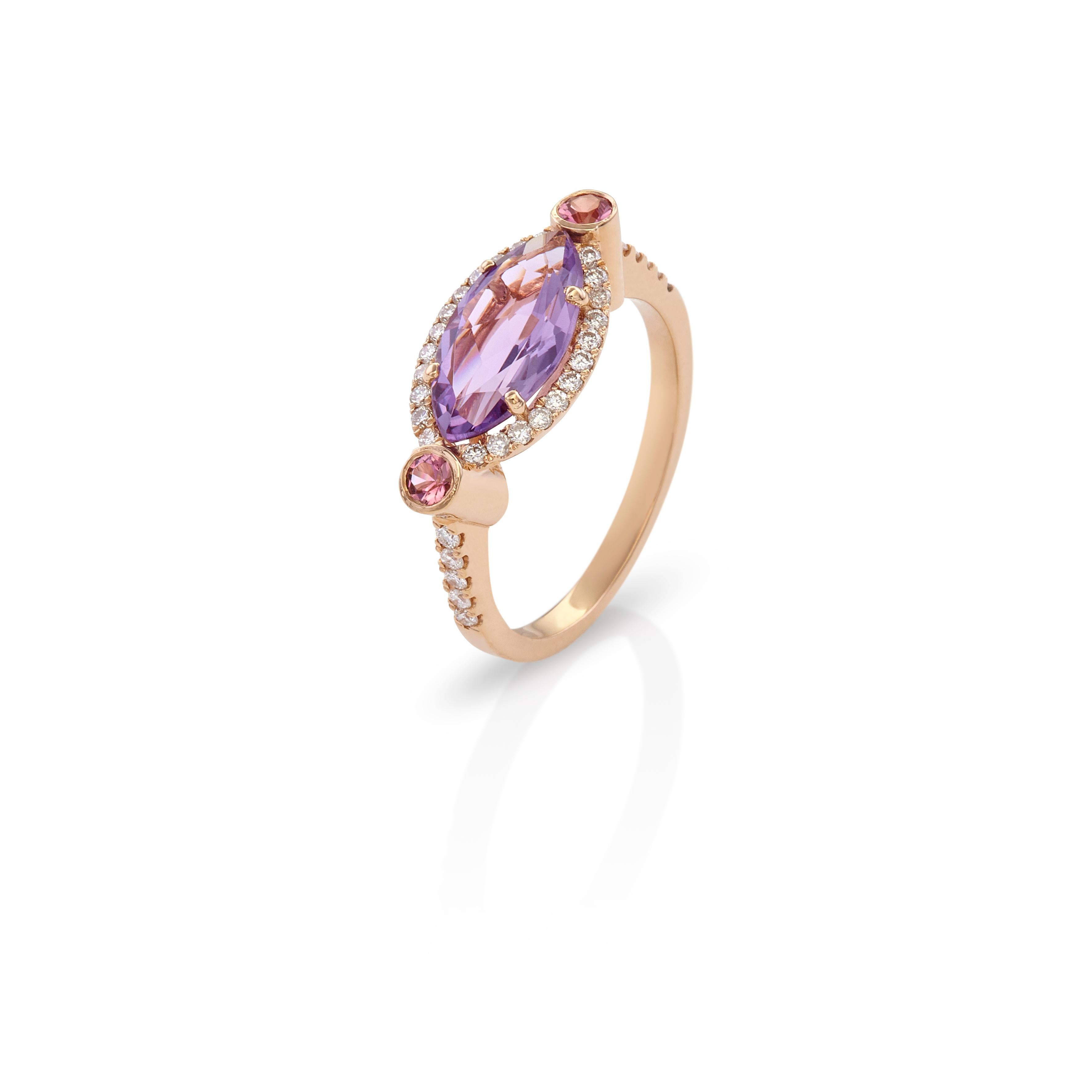 For Sale:  Marquise Amethyst Ring in 18kt Rose Gold with Pink Sapphires and Diamonds Halo 3