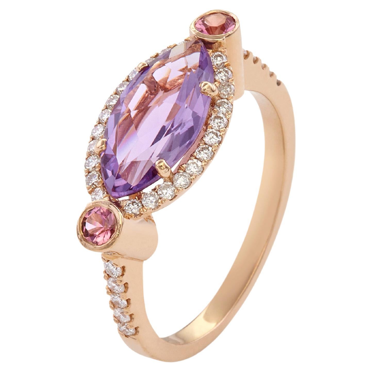 For Sale:  Marquise Amethyst Ring in 18kt Rose Gold with Pink Sapphires and Diamonds Halo