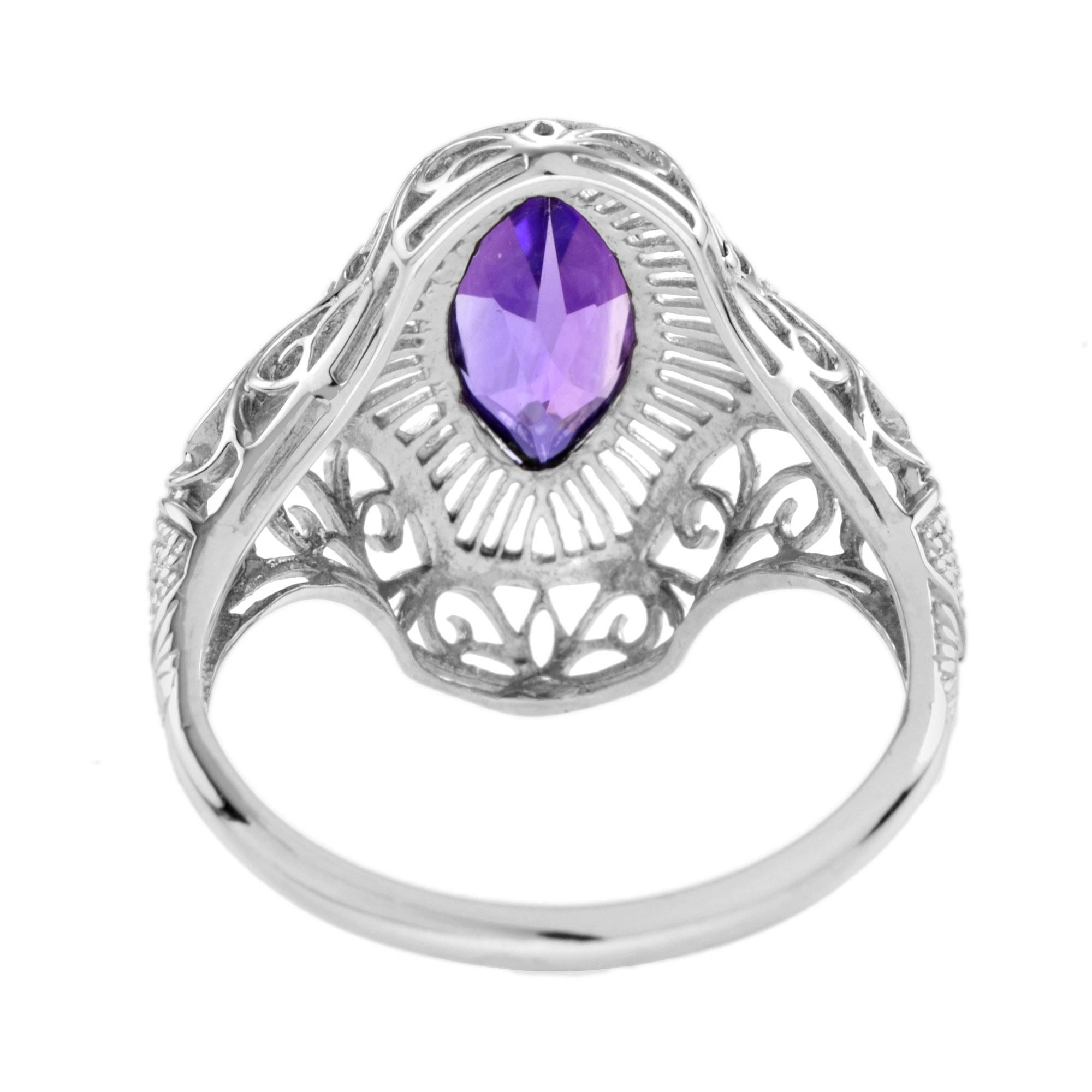 Art Deco Marquise Amethyst Vintage Style Filigree Ring in 14K White Gold