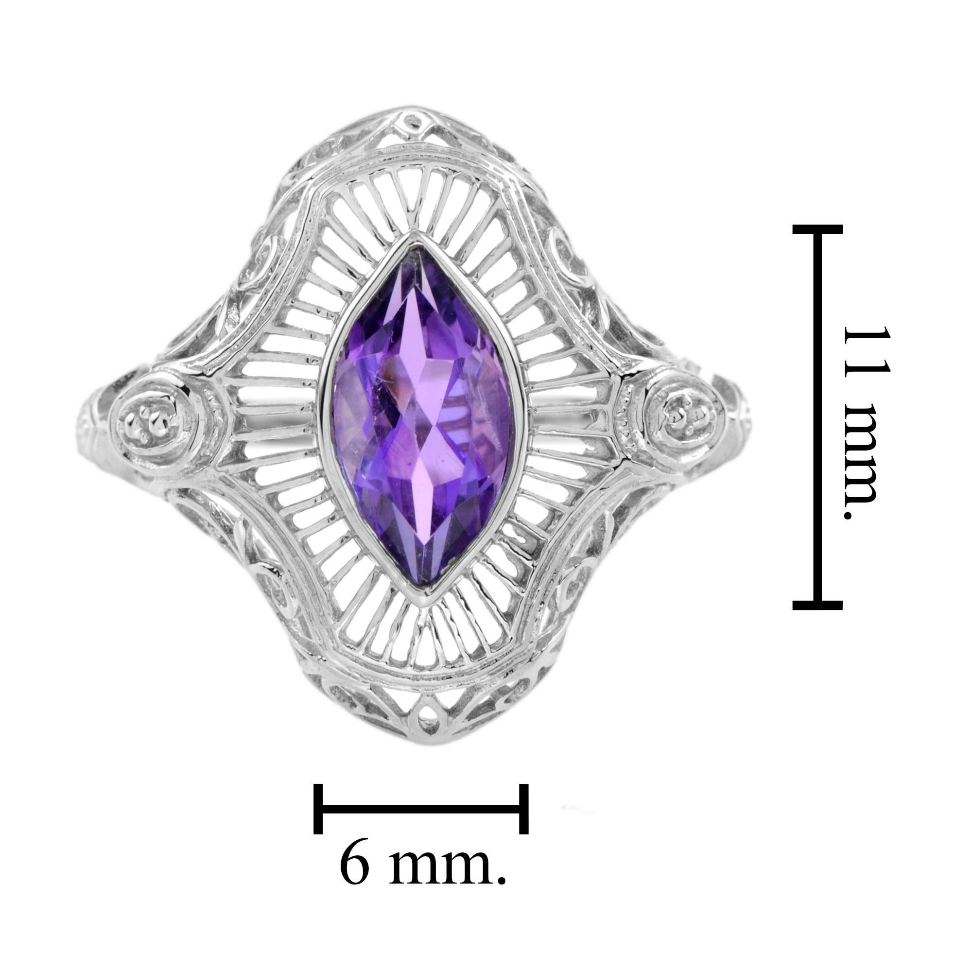 Marquise Amethyst Vintage Style Filigree Ring in 14K White Gold In New Condition In Bangkok, TH