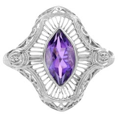 Marquise Amethyst Vintage Style Filigree Ring in 14K White Gold