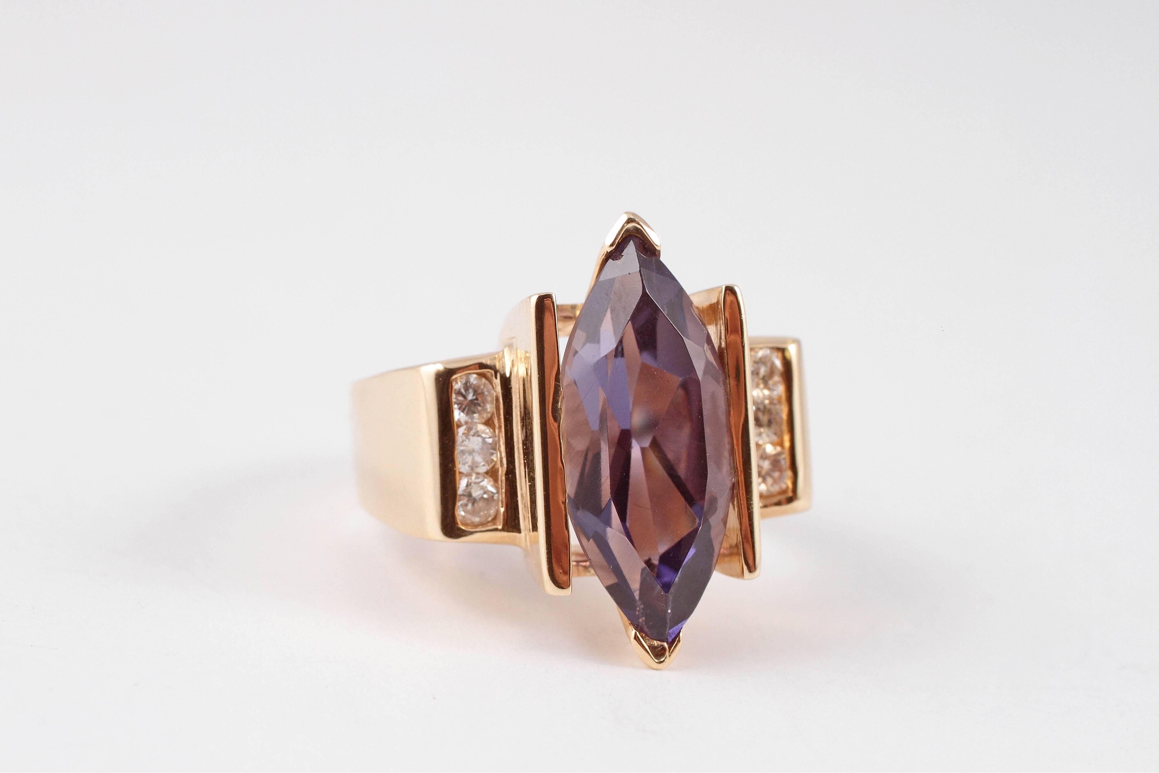 Marquise Amethyst Yellow Gold Diamond Ring 2