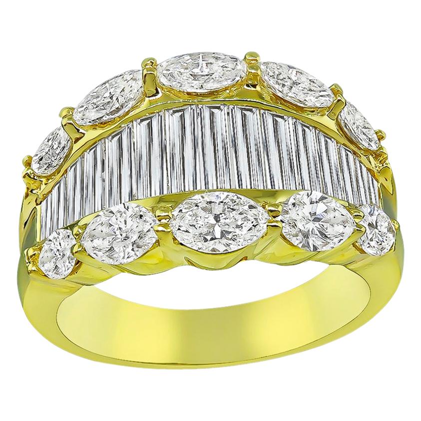 Marquise and Baguette Cut Diamond 18 Karat Yellow Gold Ring