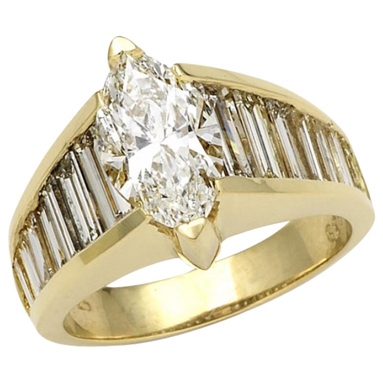 Marquise and Baguette Diamond Ring, 14 Karat Gold, Ben Dannie For Sale