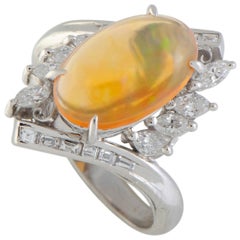 Marquise and Baguette Diamonds and Opal Platinum Oval Ring