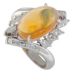 Marquise and Baguette Diamonds and Opal Platinum Oval Ring