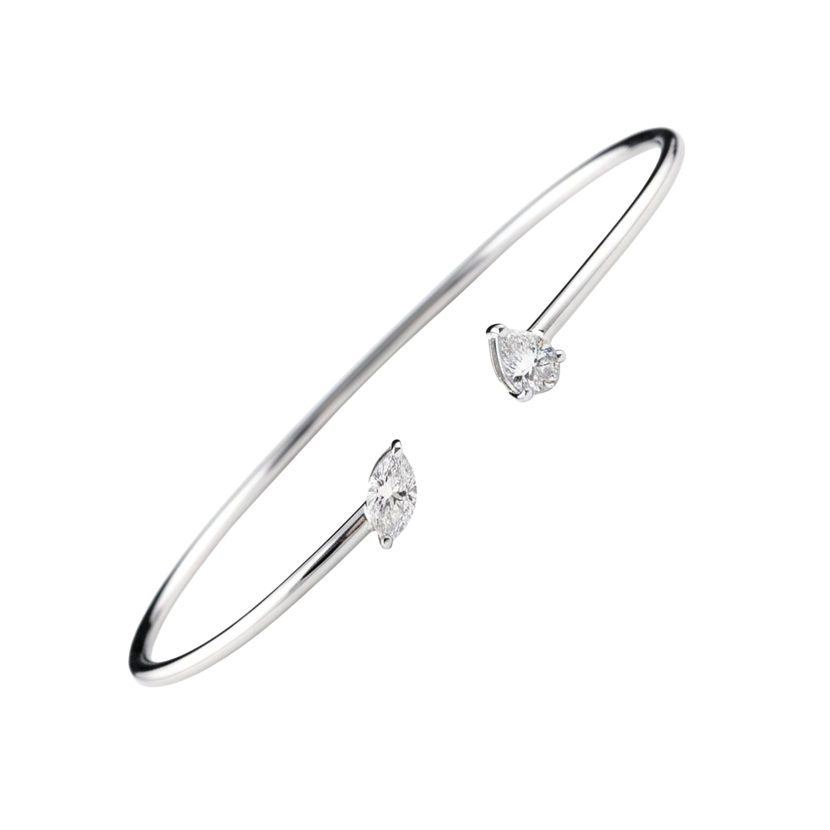 0.66 Ct Marquise & Pear Diamond Open Cuff Bracelet, 14K White Gold HRD Certified For Sale