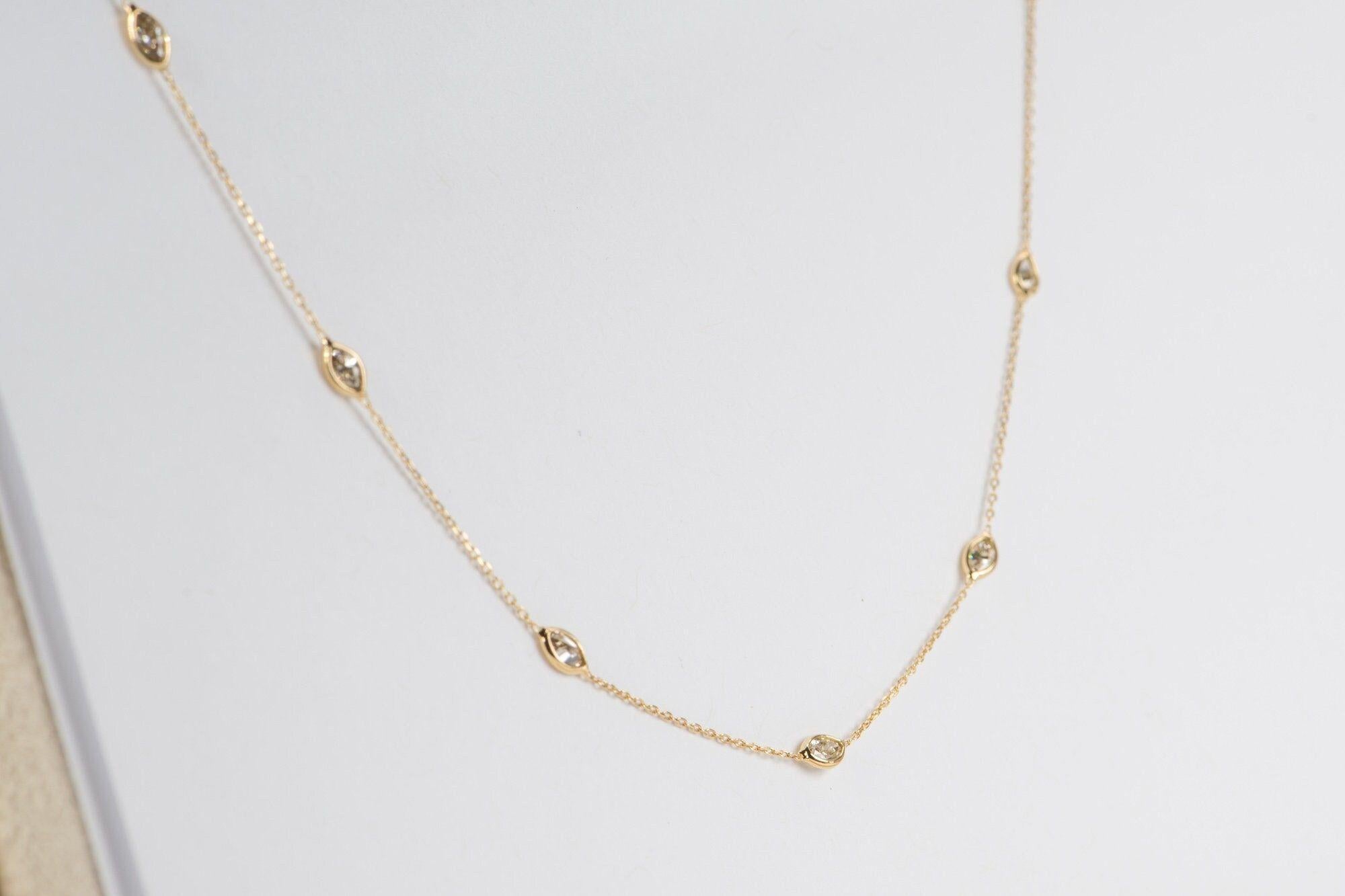 Marquise and Pear Shape Diamond Station Dainty Necklace 18k Yellow Gold R4061 In New Condition For Sale In Osprey, FL