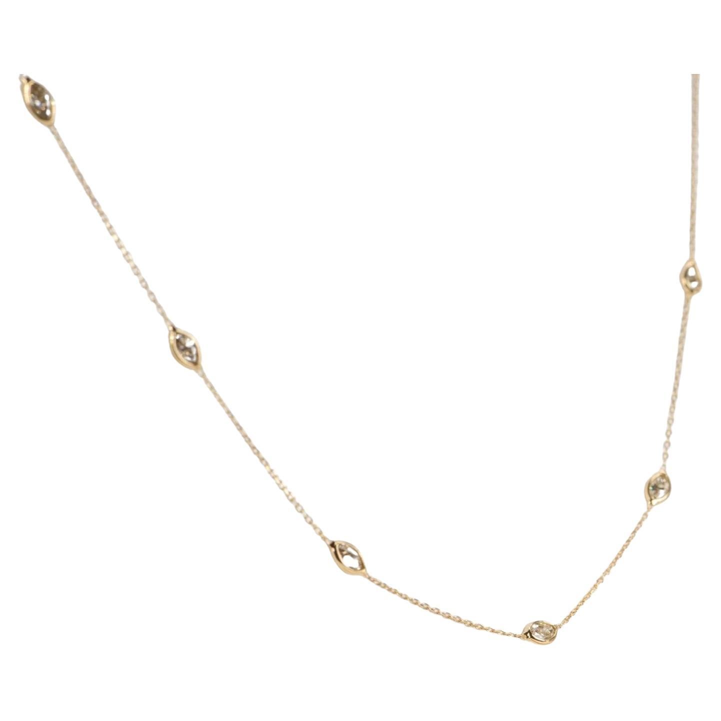 Marquise and Pear Shape Diamond Station Dainty Necklace 18k Yellow Gold R4061 For Sale