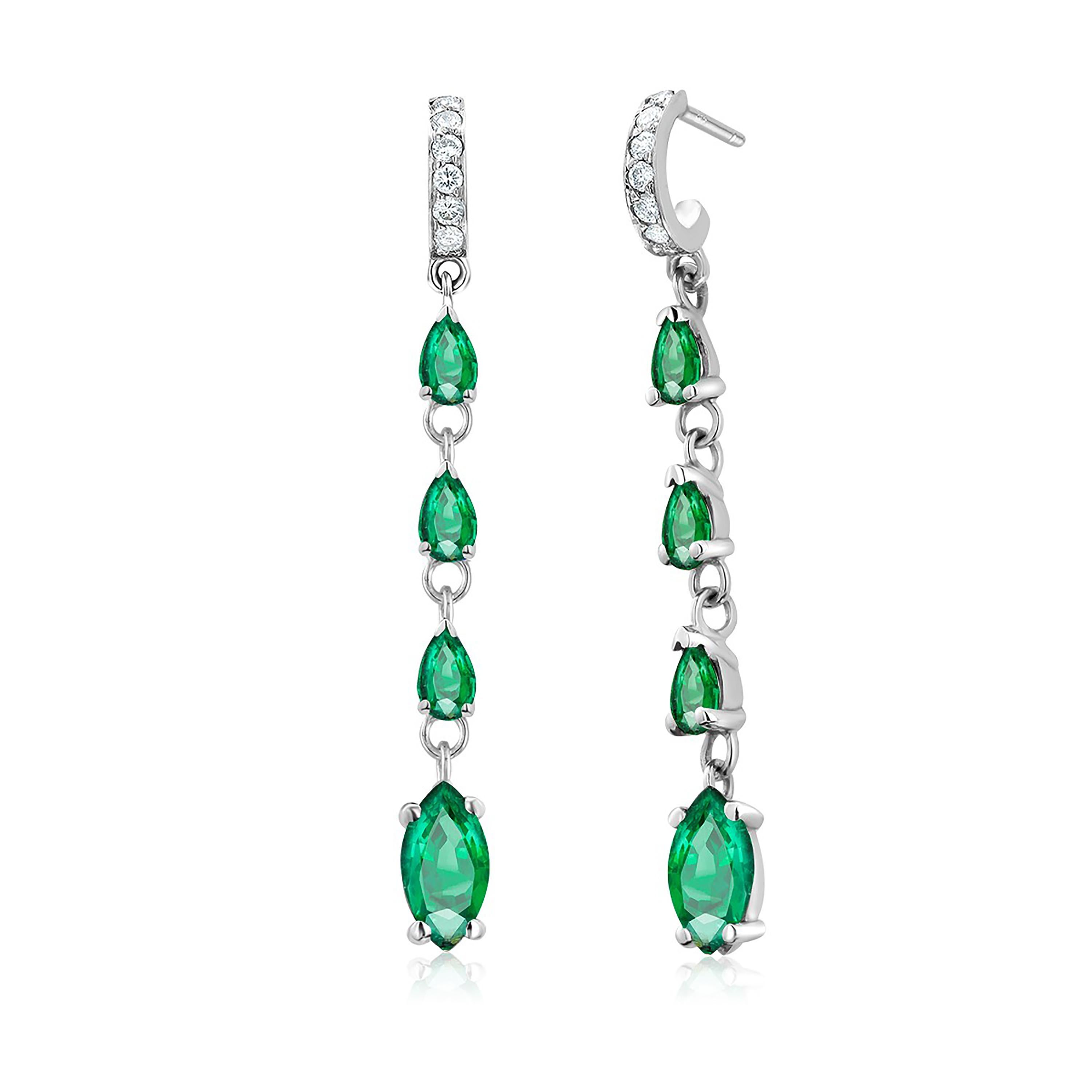 Marquise Cut Marquise and Pear Shaped Emerald and Diamond White Gold Drop Hoop Earrings