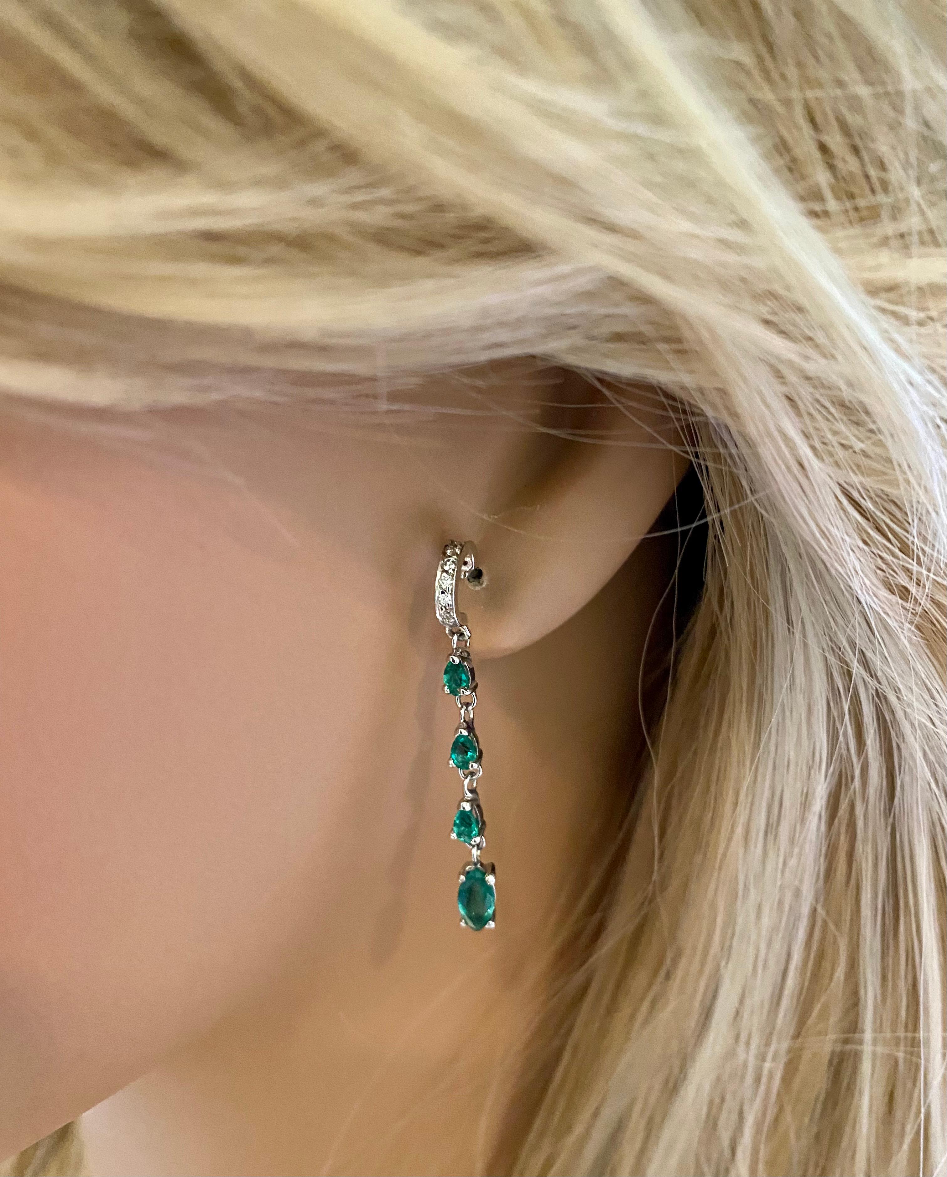 Modern Marquise and Pear Shaped Emerald and Diamond White Gold Drop Hoop Earrings