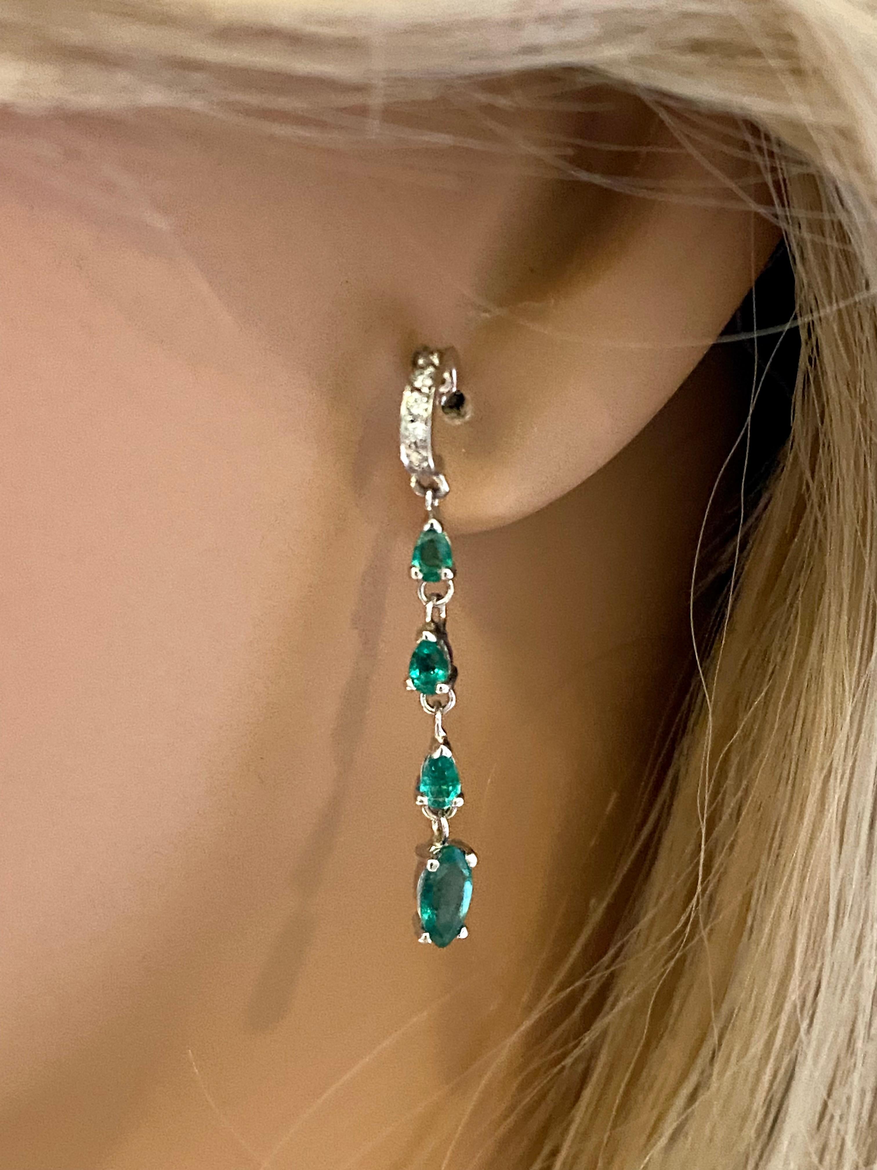 Marquise and Pear Shaped Emerald and Diamond White Gold Drop Hoop Earrings In New Condition In New York, NY