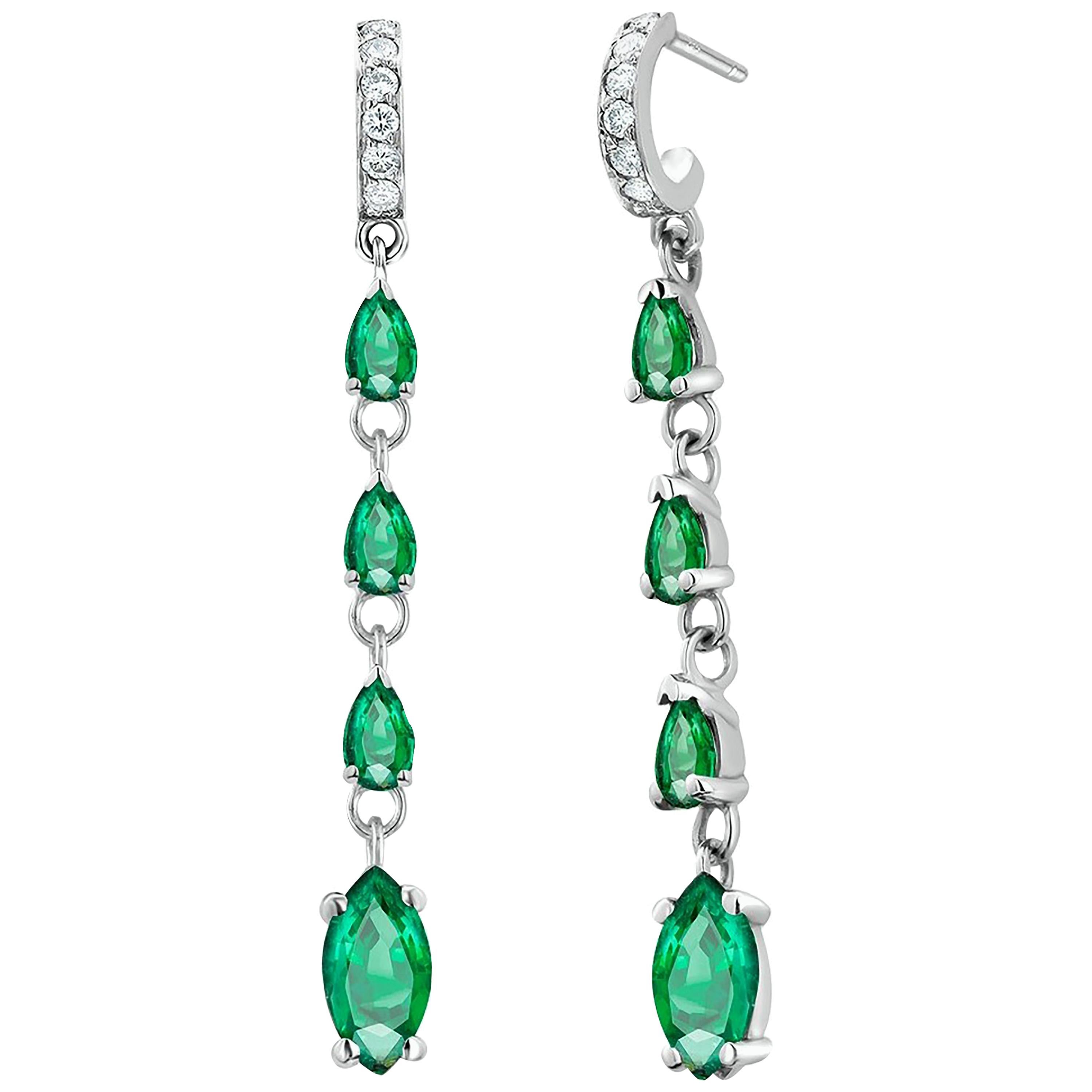 Marquise and Pear Shaped Emerald and Diamond White Gold Drop Hoop Earrings