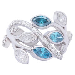 Marquise and Round Blue Diamond Fashion Ring 18K White Gold