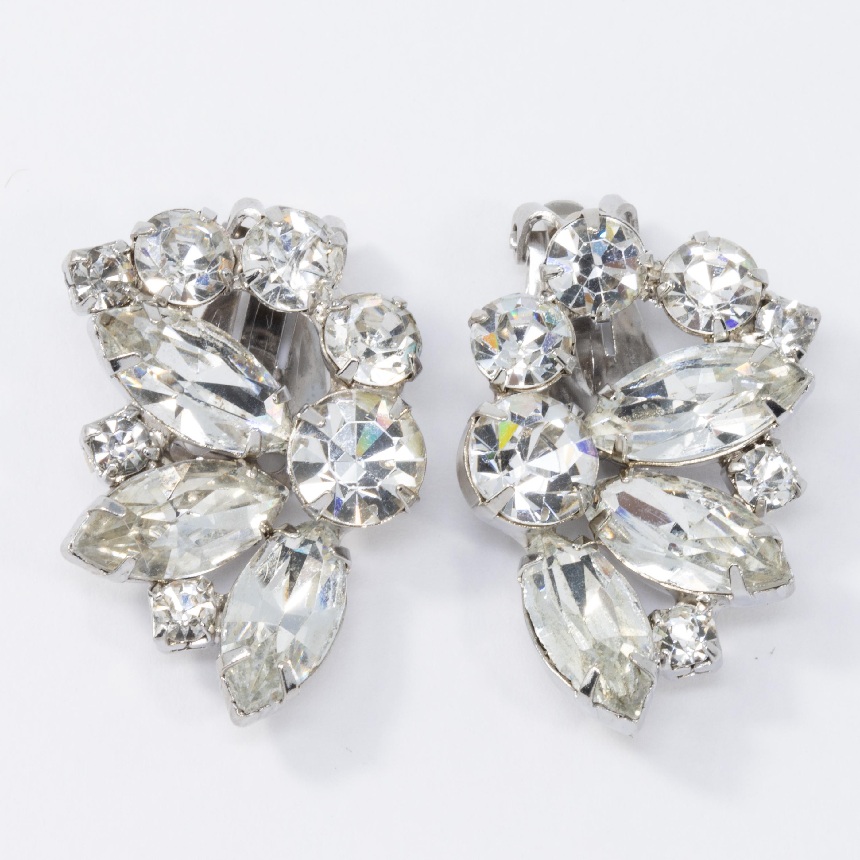 Women's or Men's Marquise and Round Crystal Cluster Clip on Earrings and Pin in Silver, Vintage For Sale