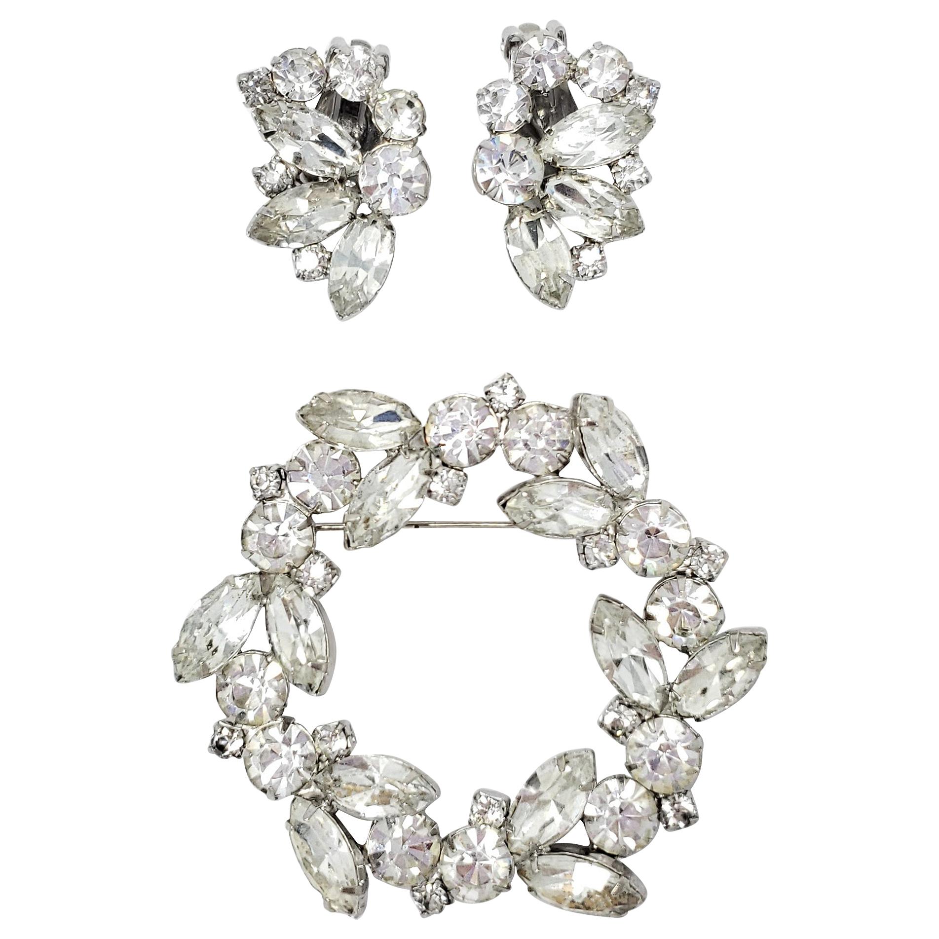 Marquise and Round Crystal Cluster Clip on Earrings and Pin in Silver, Vintage For Sale