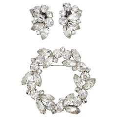 Marquise and Round Crystal Cluster Clip on Earrings and Pin in Silver, Vintage