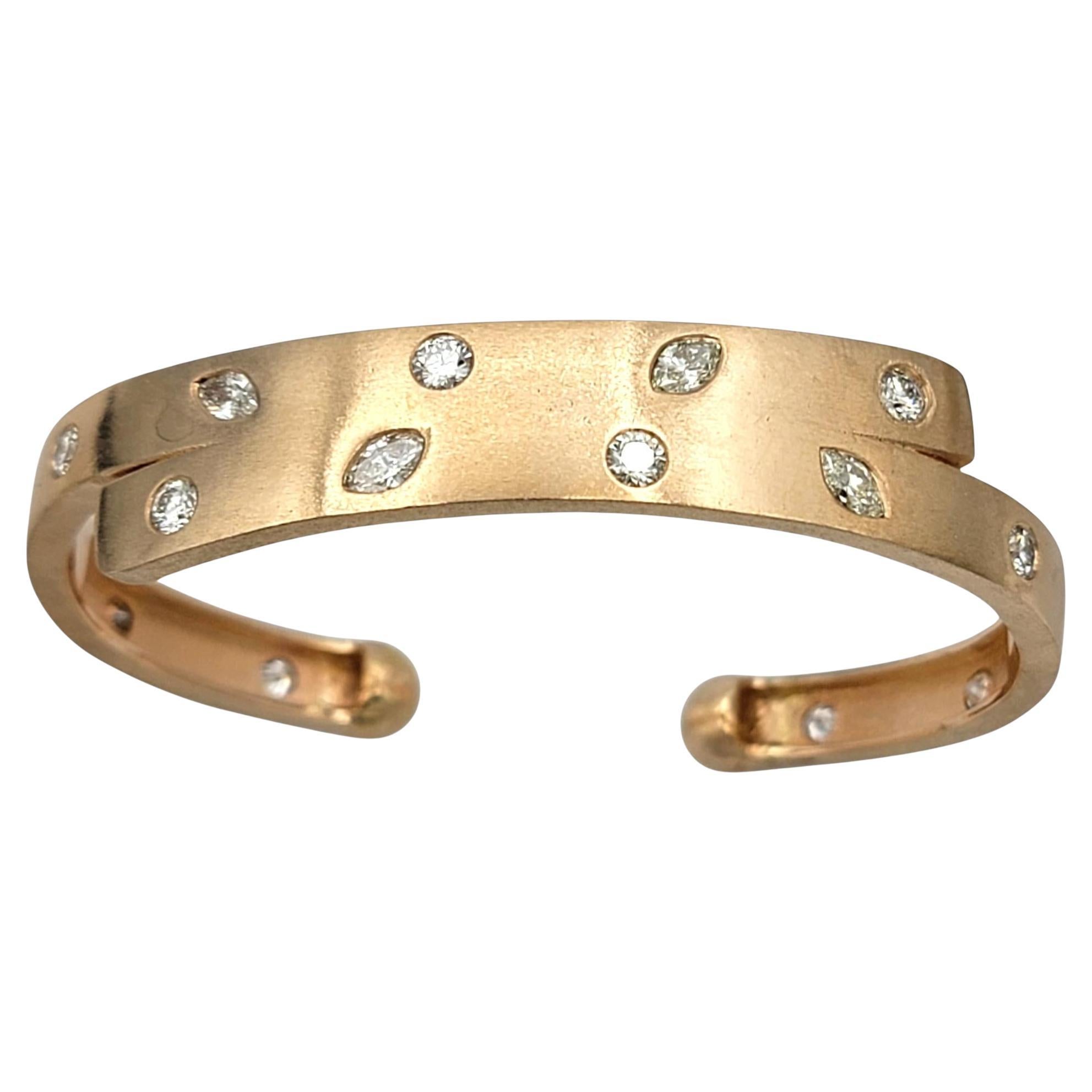 Marquise and Round Cut Diamond Double Row Cuff Bracelet in 14 Karat Rose Gold