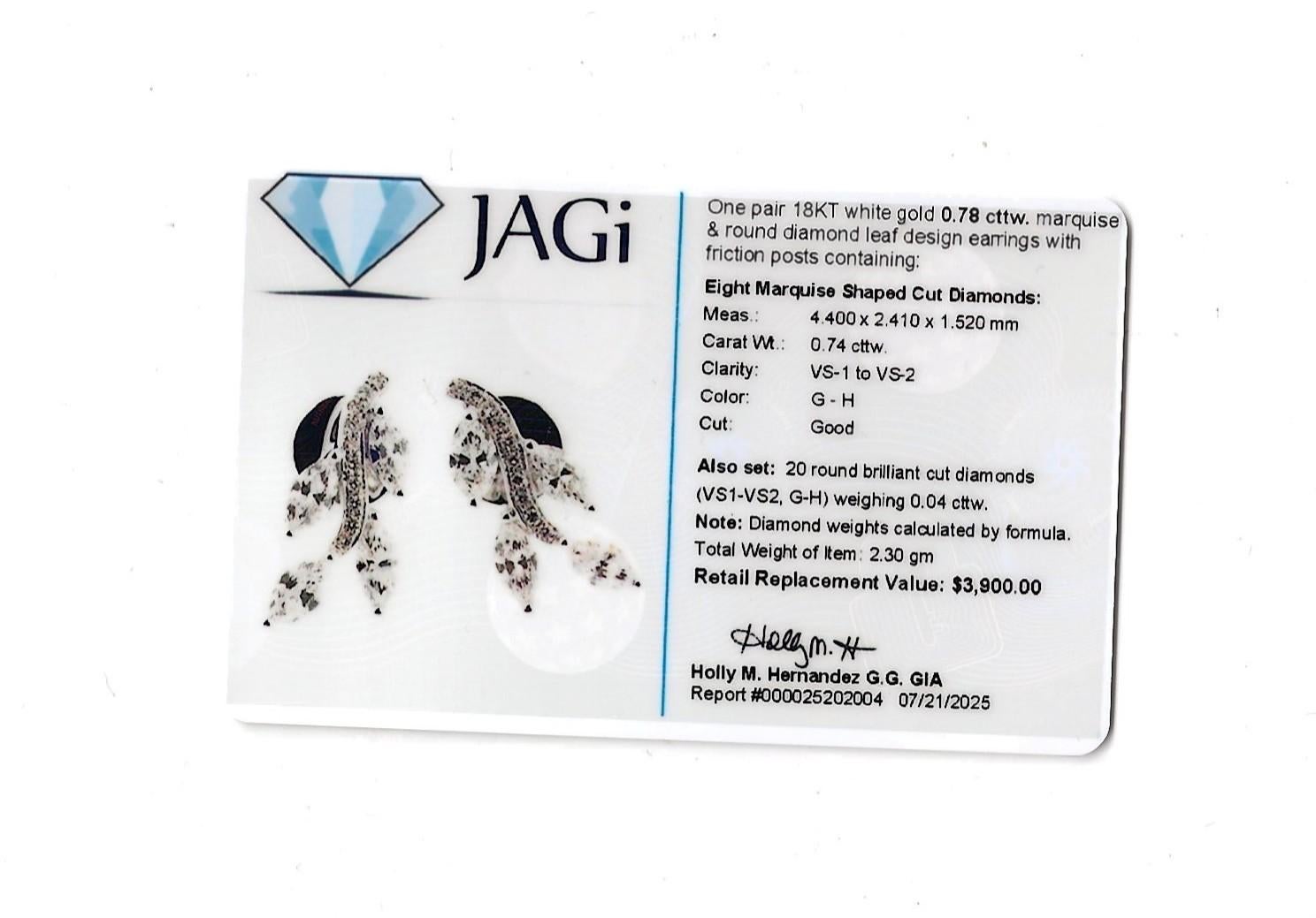 Pendientes de oro blanco de 18 quilates con motivo de hoja de diamantes talla marquesa y redonda en venta 3