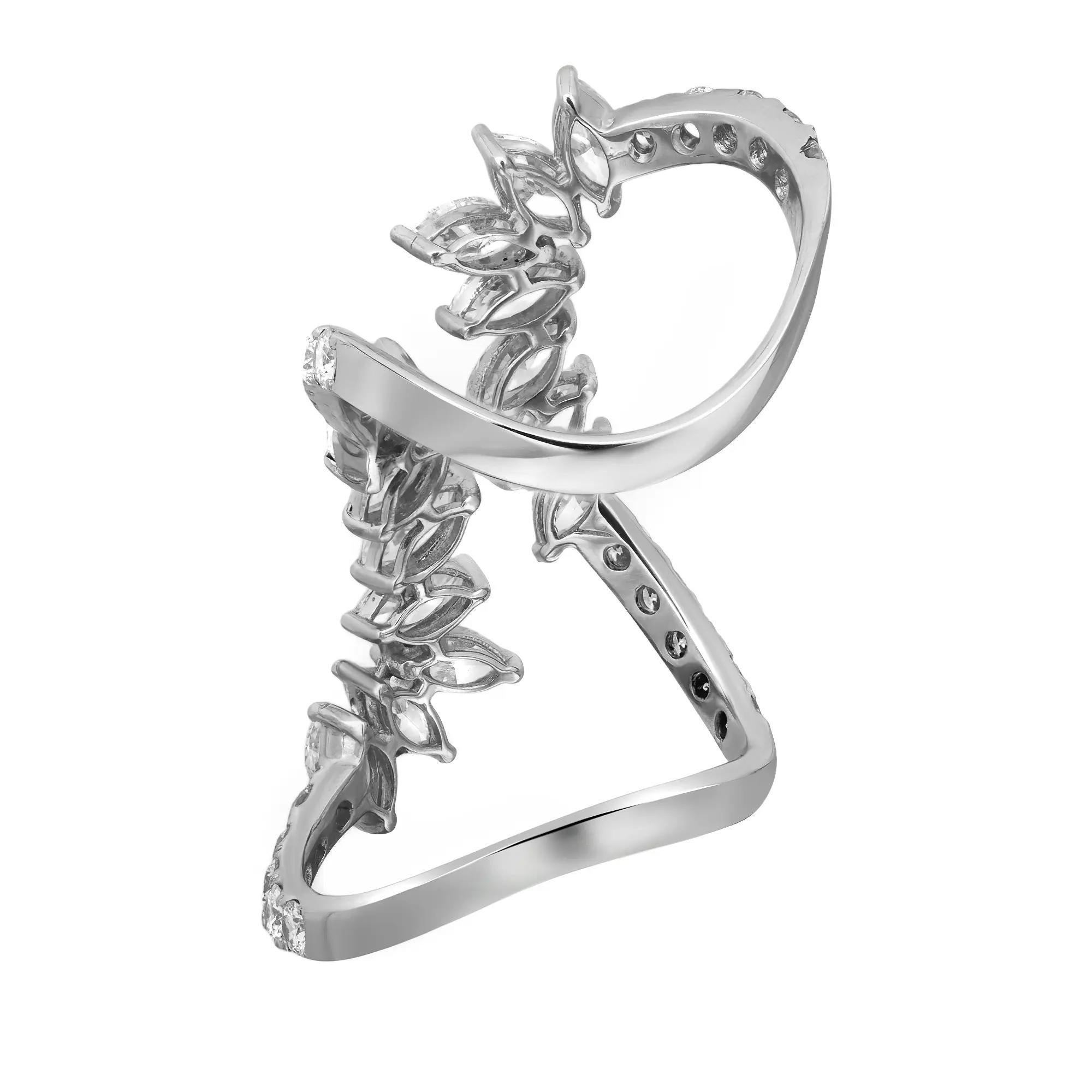 Modern Marquise And Round Cut Diamond Long Cocktail Ring 18K White Gold 5Cttw Size 6 For Sale