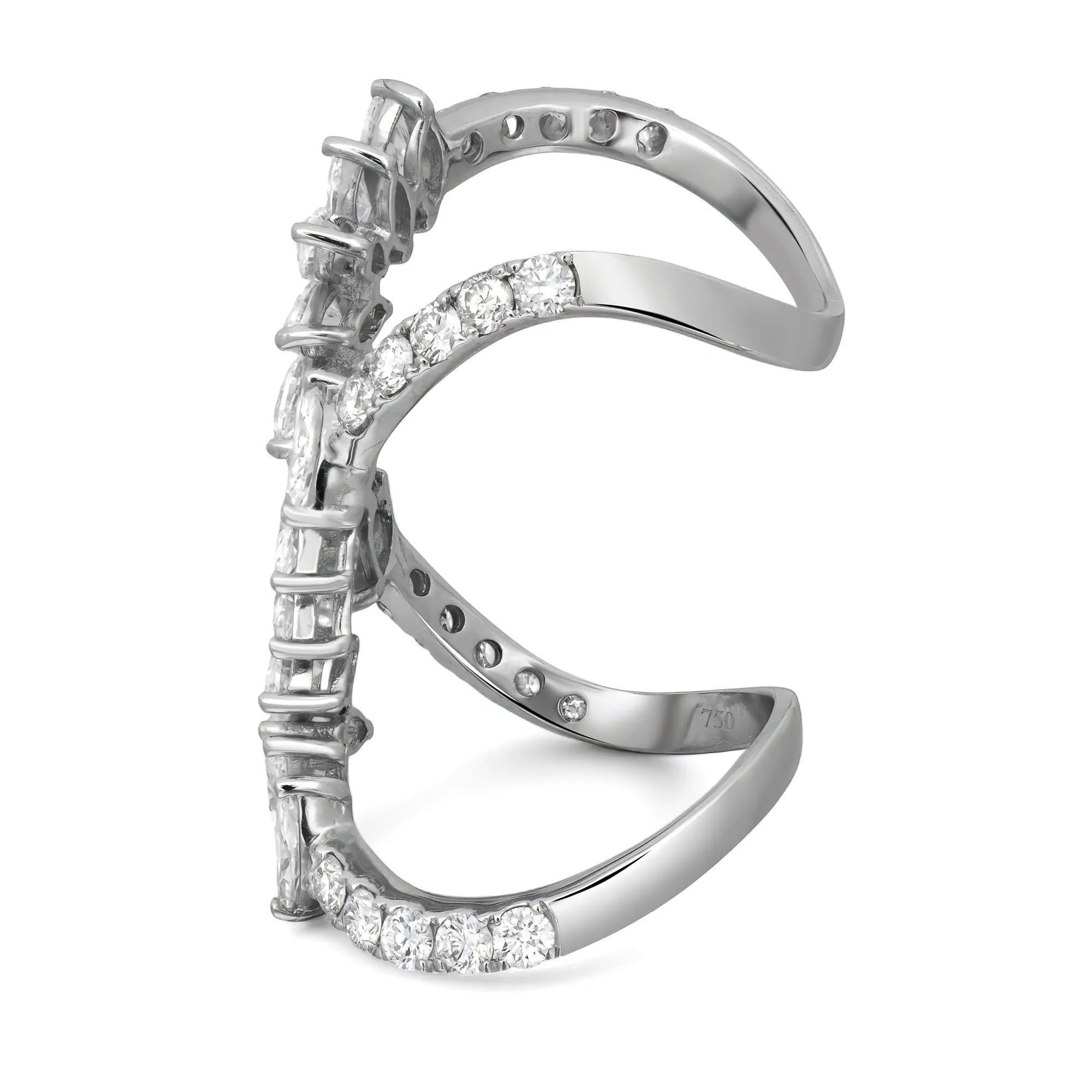 Marquise Cut Marquise And Round Cut Diamond Long Cocktail Ring 18K White Gold 5Cttw Size 6 For Sale