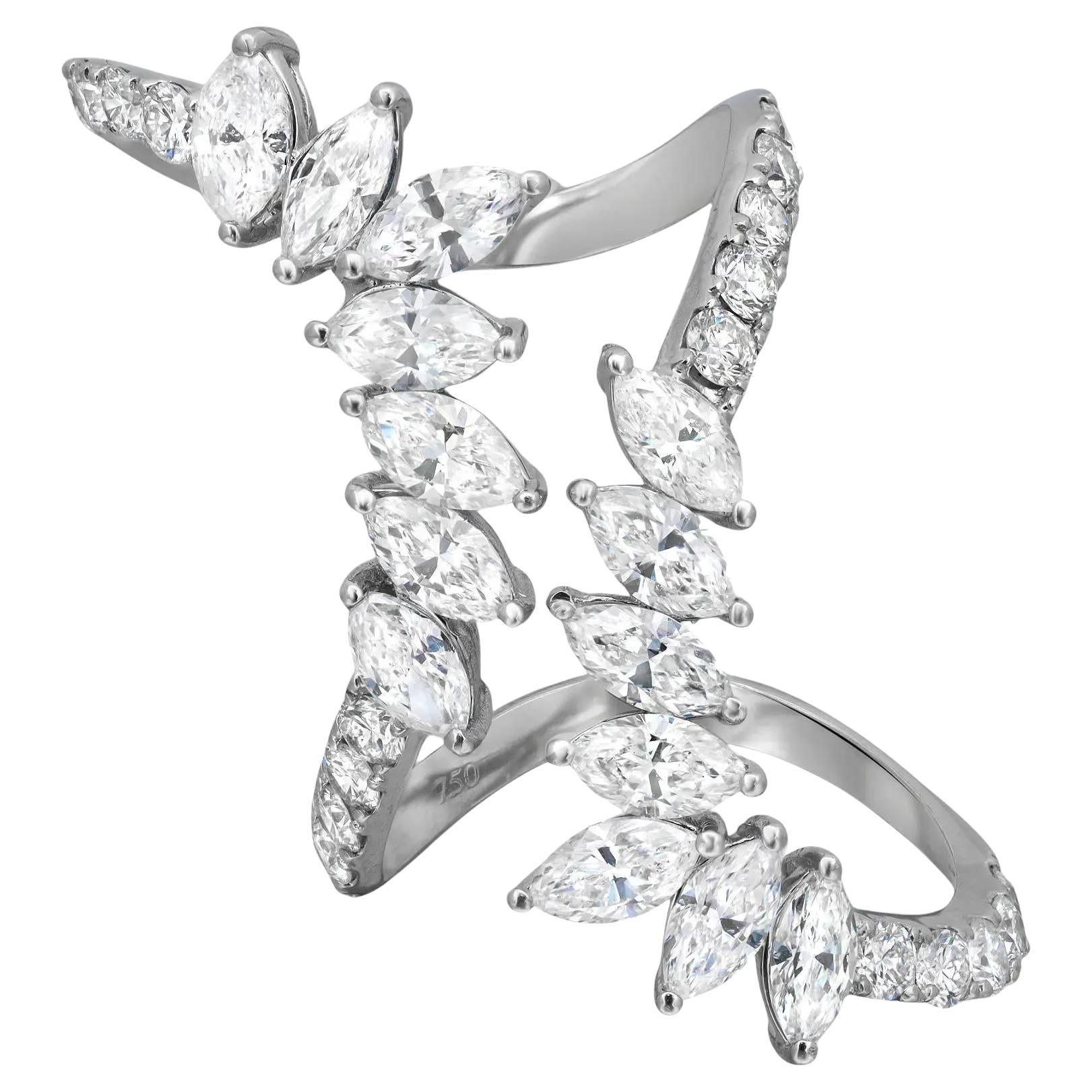 Marquise And Round Cut Diamond Long Cocktail Ring 18K White Gold 5Cttw Size 6