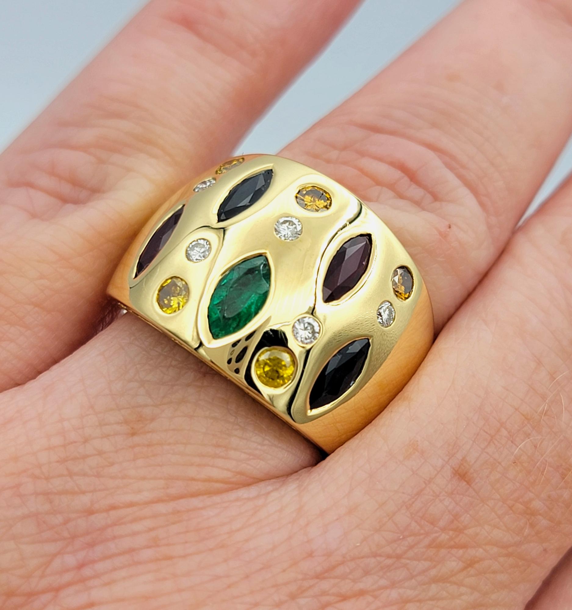 Marquise and Round Cut Multi-Gemstone Wide Band Ring in 18 Karat Yellow Gold For Sale 4