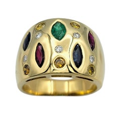 Marquise and Round Cut Multi-Gemstone Wide Band Ring in 18 Karat Yellow Gold