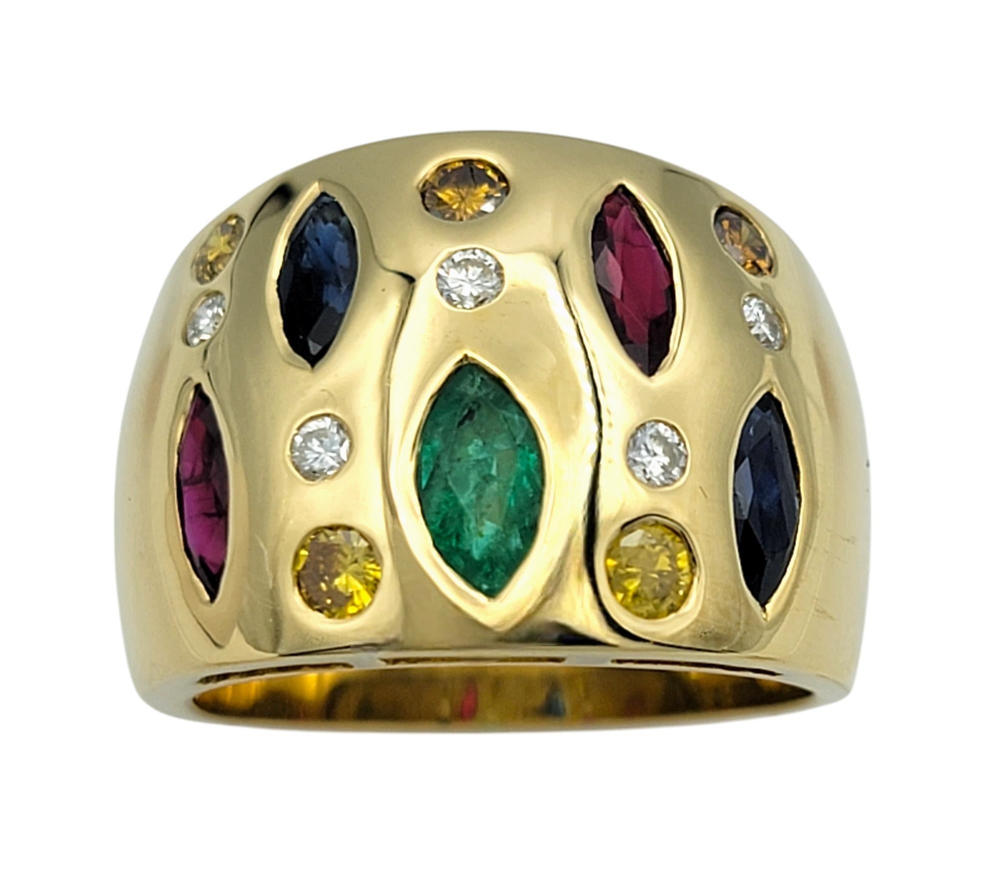 Contemporary Marquise and Round Cut Multi-Gemstone Wide Band Ring in 18 Karat Yellow Gold For Sale