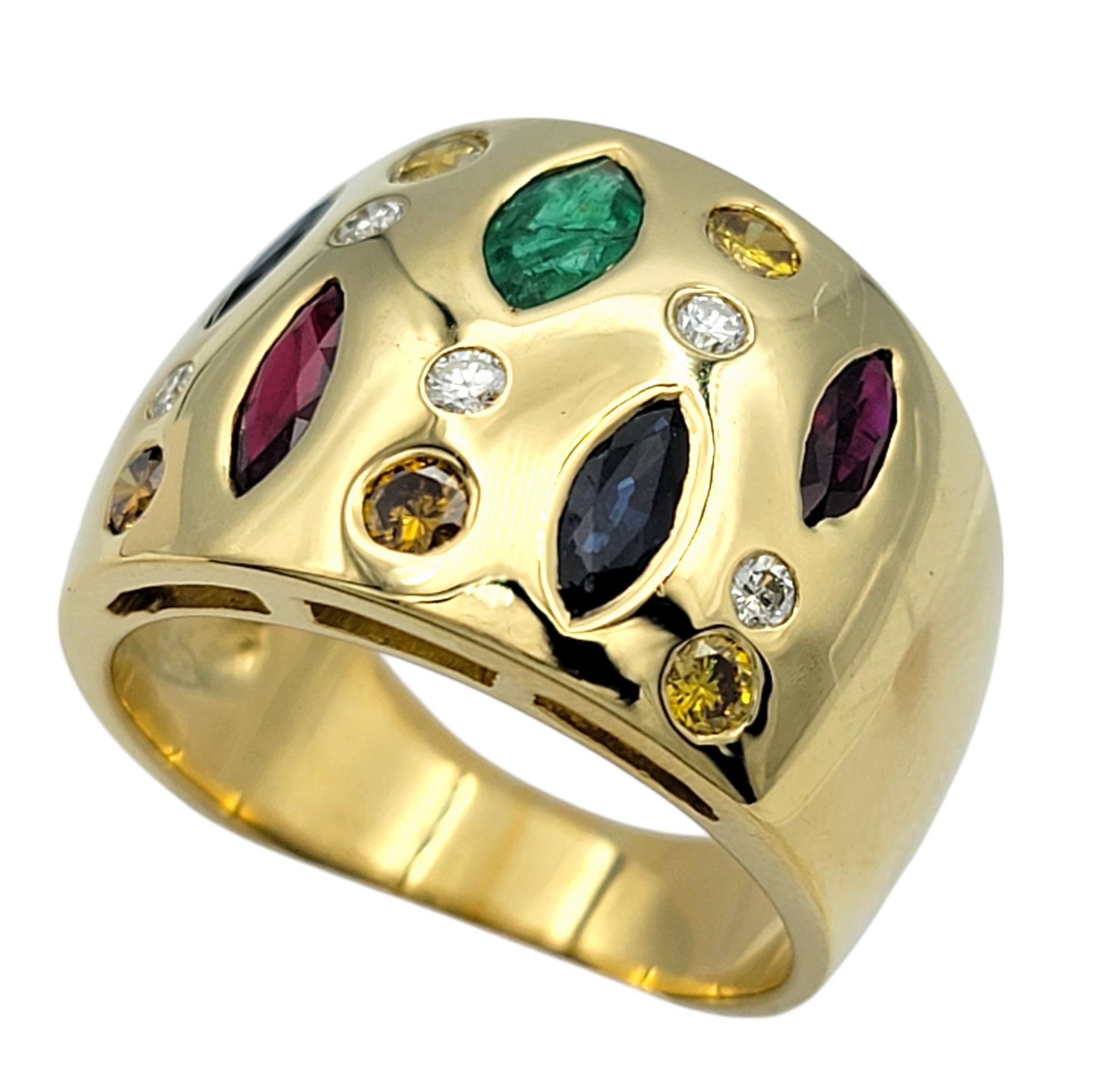 Marquise Cut Marquise and Round Cut Multi-Gemstone Wide Band Ring in 18 Karat Yellow Gold For Sale