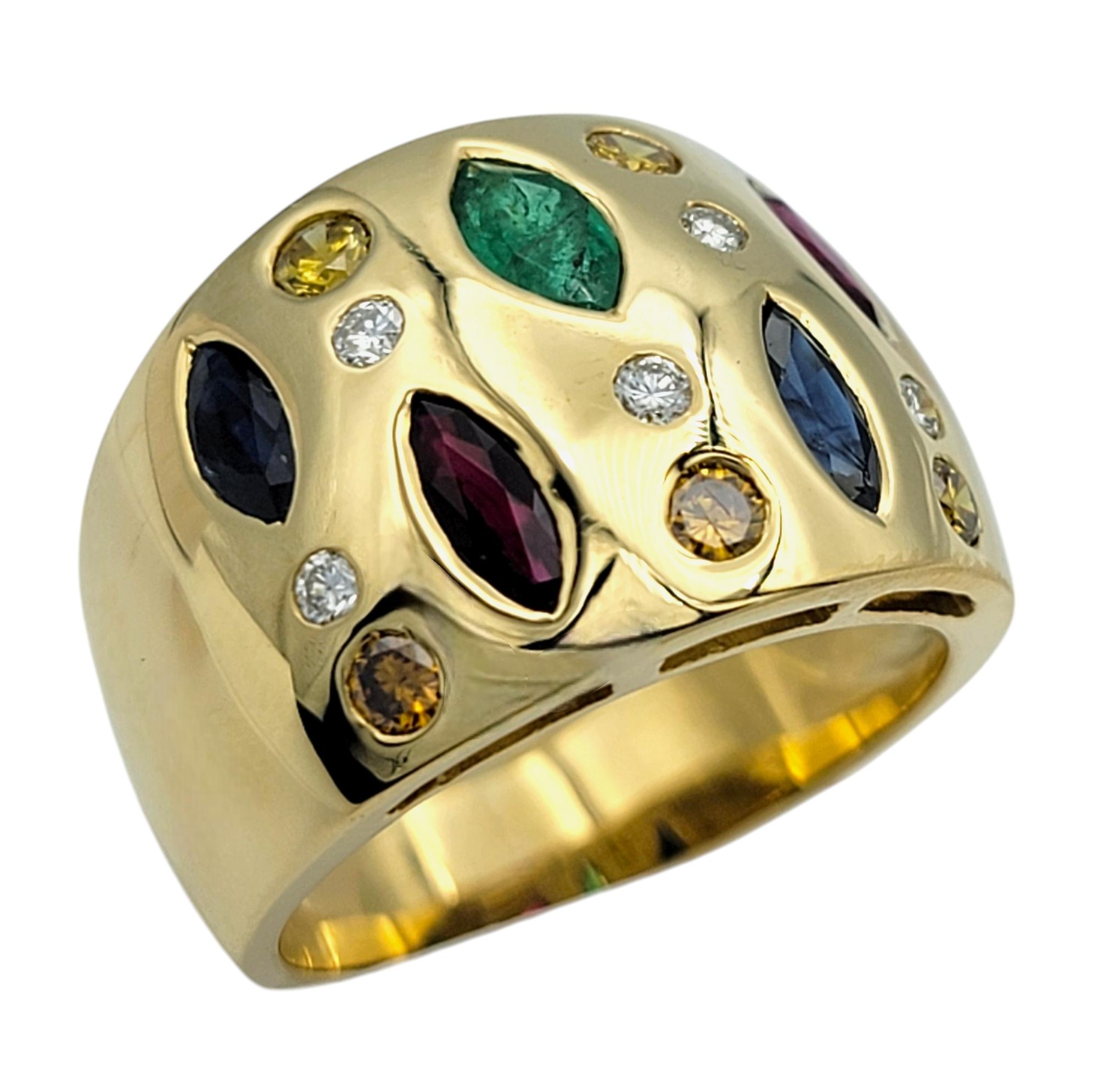 Marquise and Round Cut Multi-Gemstone Wide Band Ring in 18 Karat Yellow Gold In Good Condition For Sale In Scottsdale, AZ