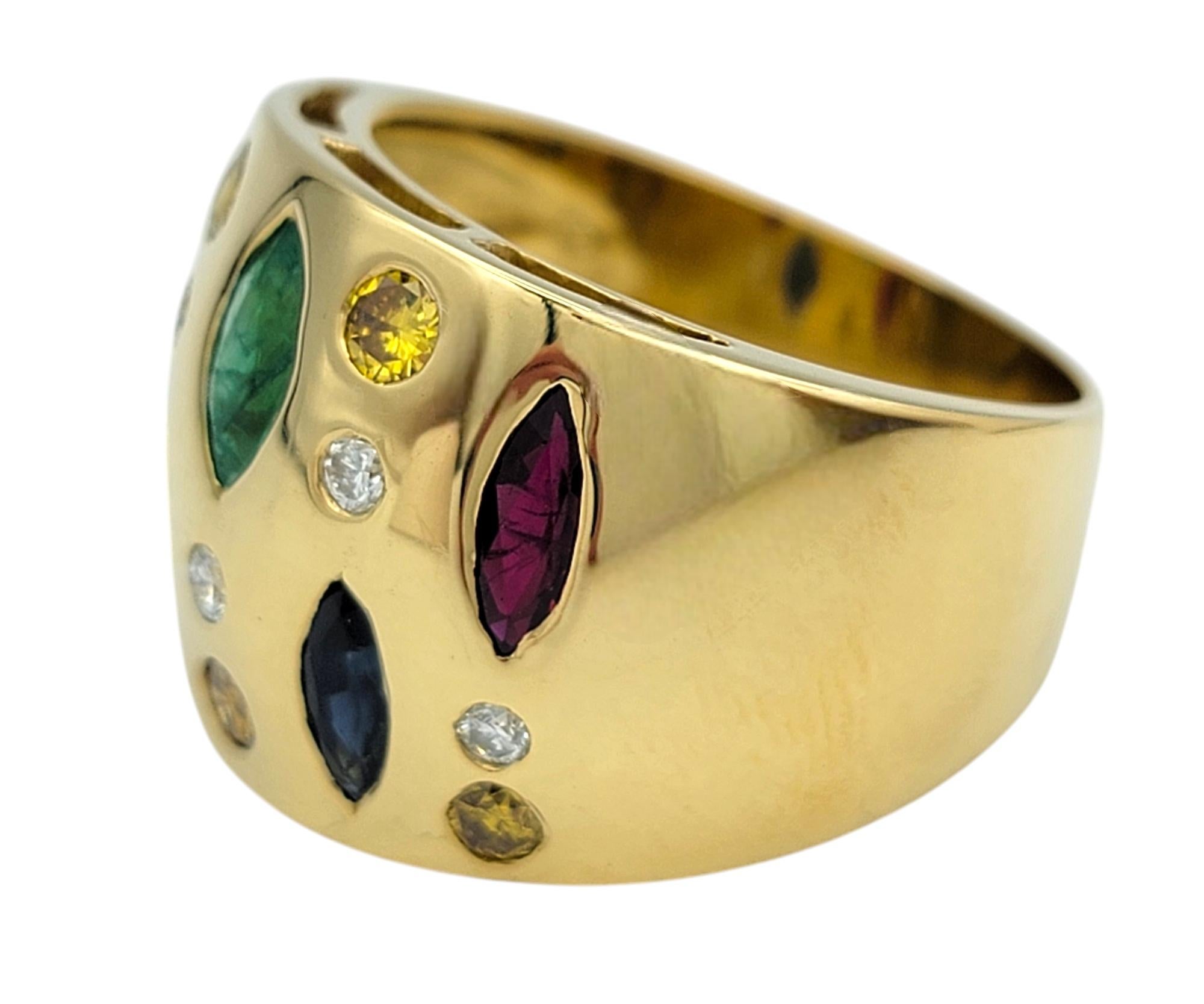 Women's Marquise and Round Cut Multi-Gemstone Wide Band Ring in 18 Karat Yellow Gold For Sale