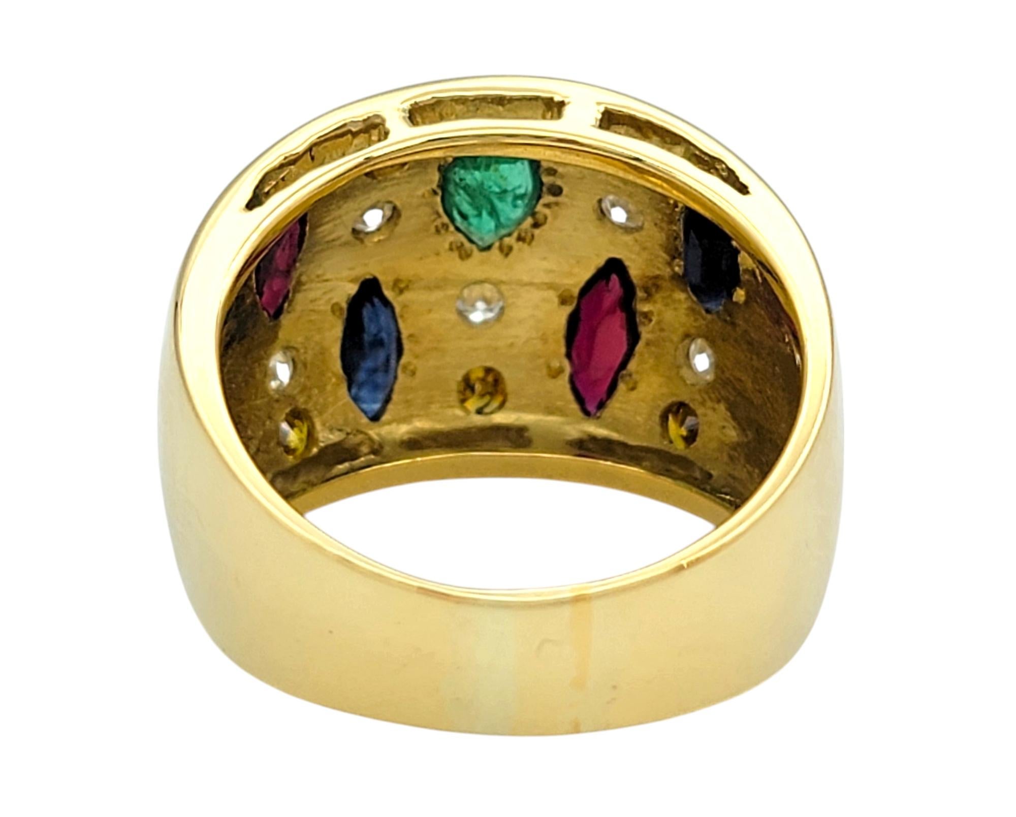 Marquise and Round Cut Multi-Gemstone Wide Band Ring in 18 Karat Yellow Gold For Sale 1
