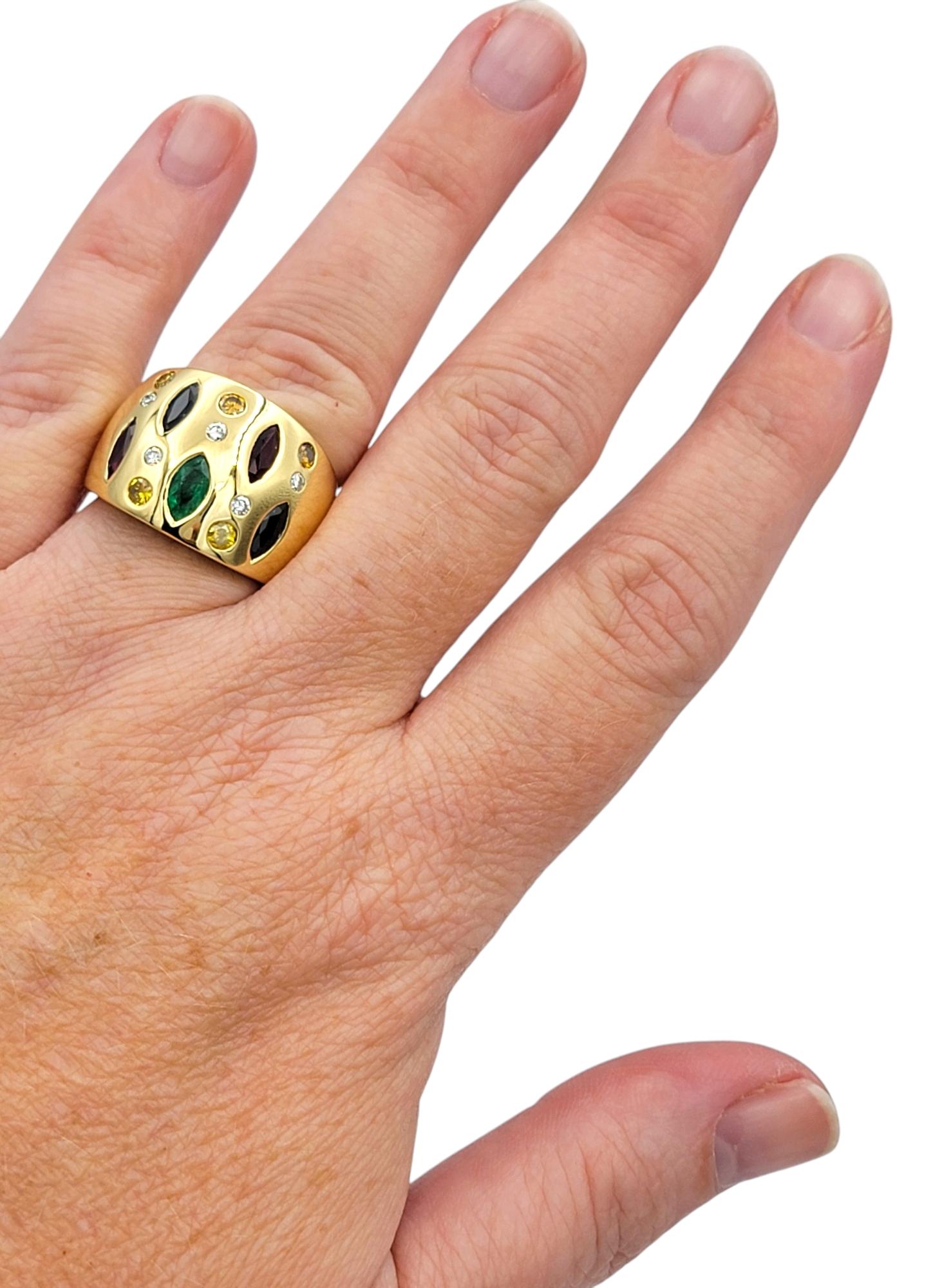 Marquise and Round Cut Multi-Gemstone Wide Band Ring in 18 Karat Yellow Gold For Sale 3