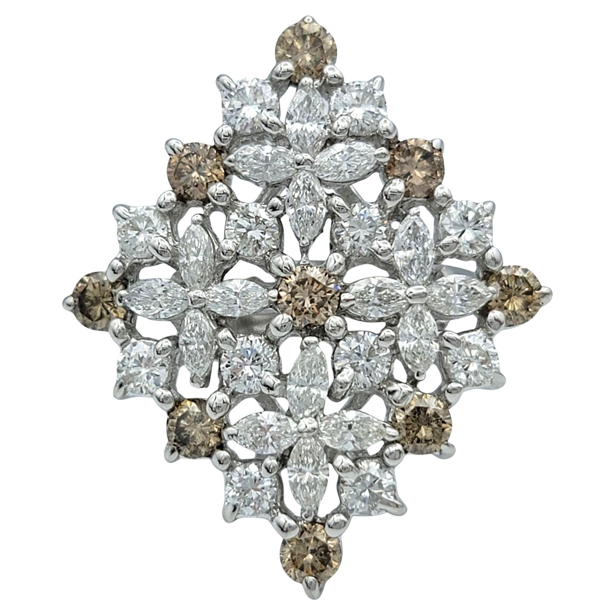 Marquise and Round Cut White and Brown Diamond Cocktail Ring 18 Karat White Gold