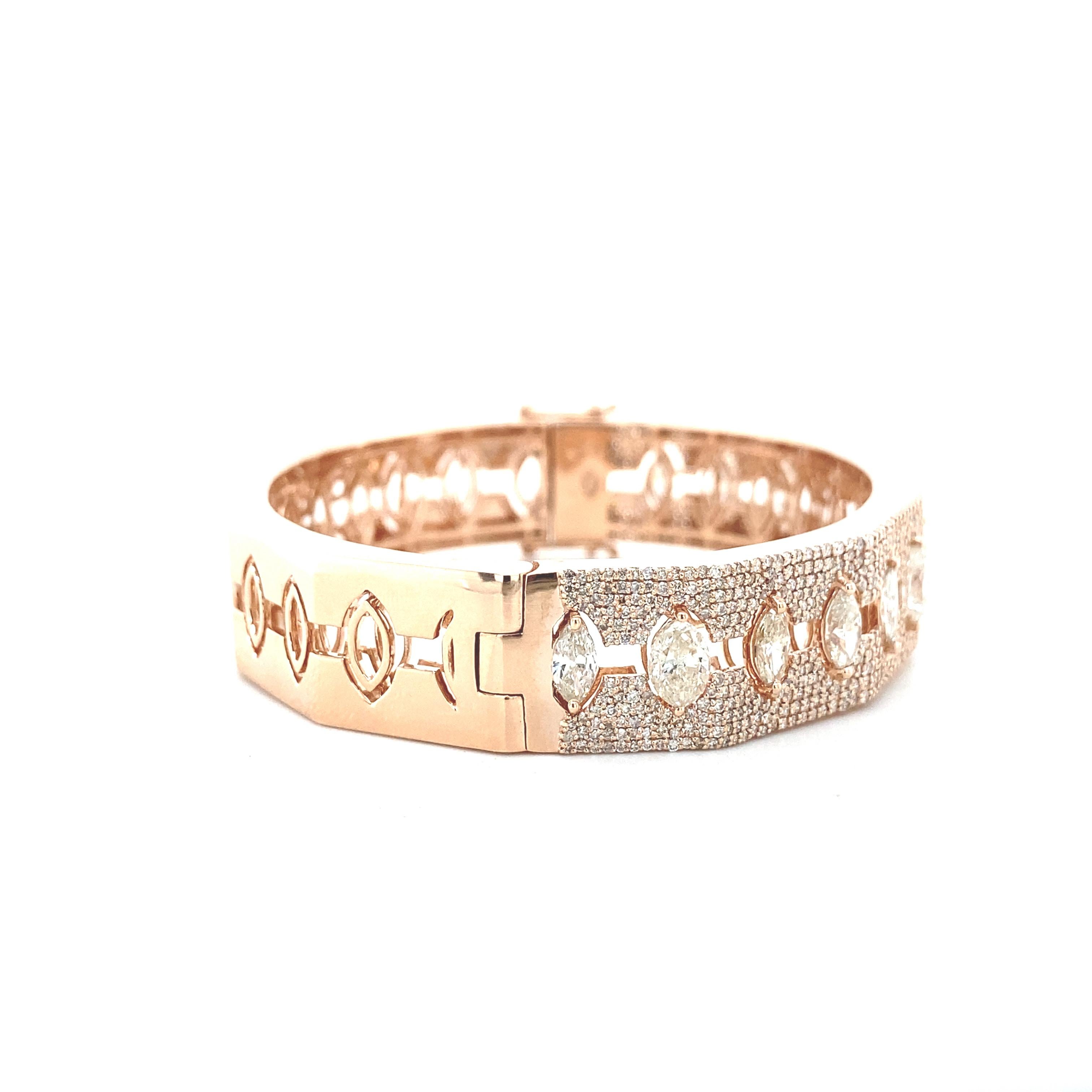 Art Deco Marquise and Round Diamond-Encrusted in 18K Solid Rose Gold Bracelet For Sale