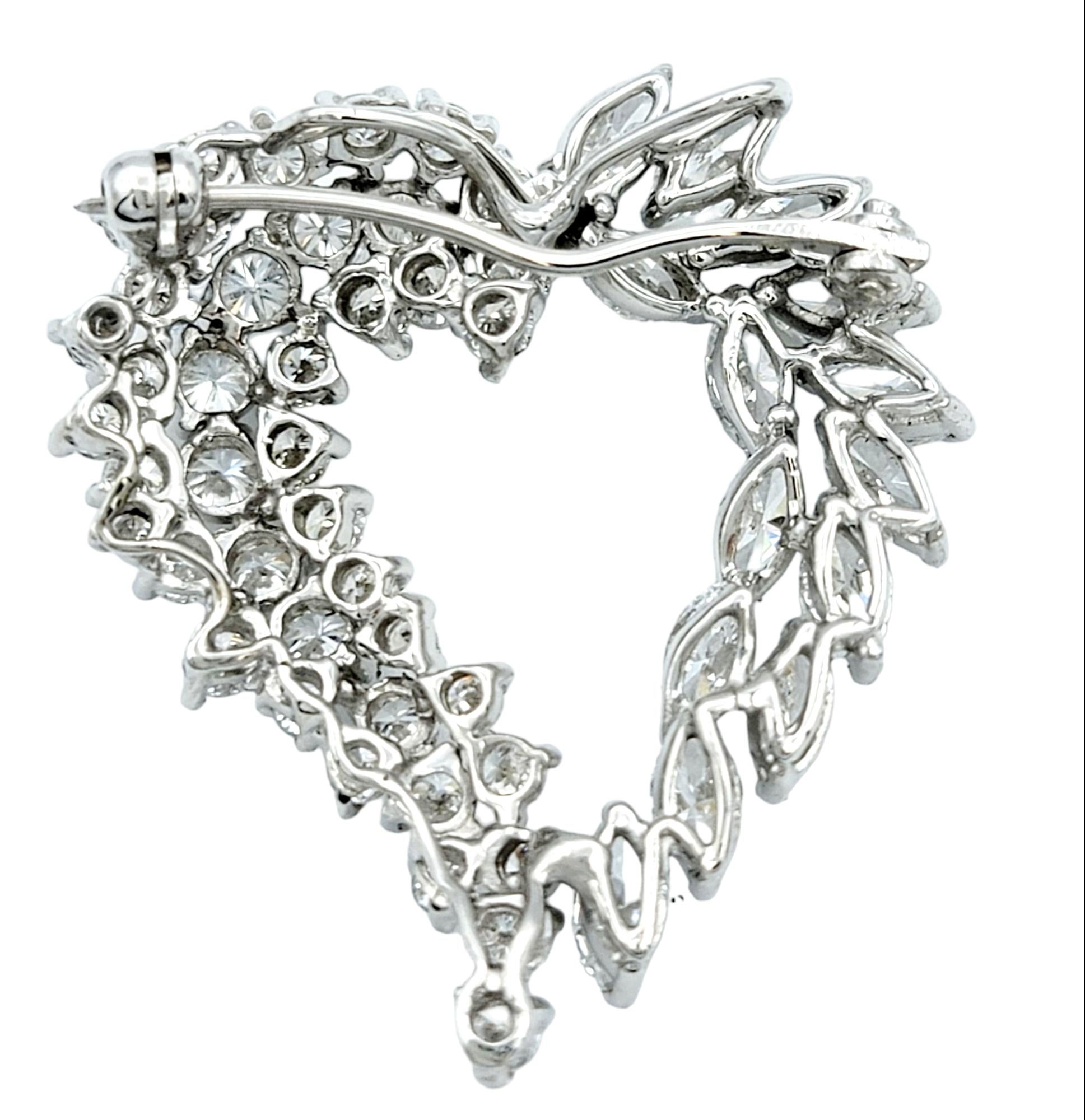 Contemporary Marquise and Round Diamond Open Heart Brooch / Pendant in 14 Karat White Gold For Sale