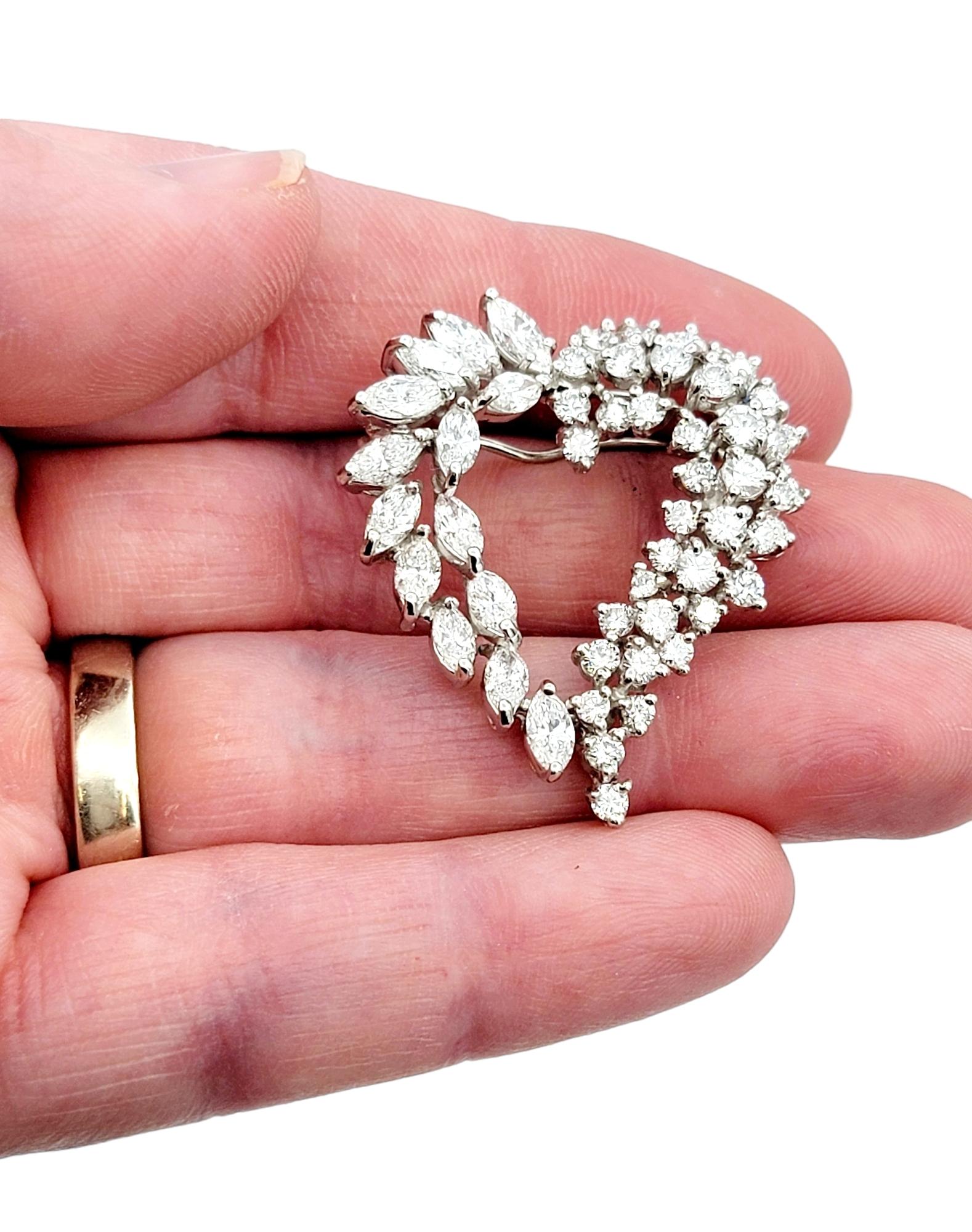 Marquise and Round Diamond Open Heart Brooch / Pendant in 14 Karat White Gold In Excellent Condition For Sale In Scottsdale, AZ