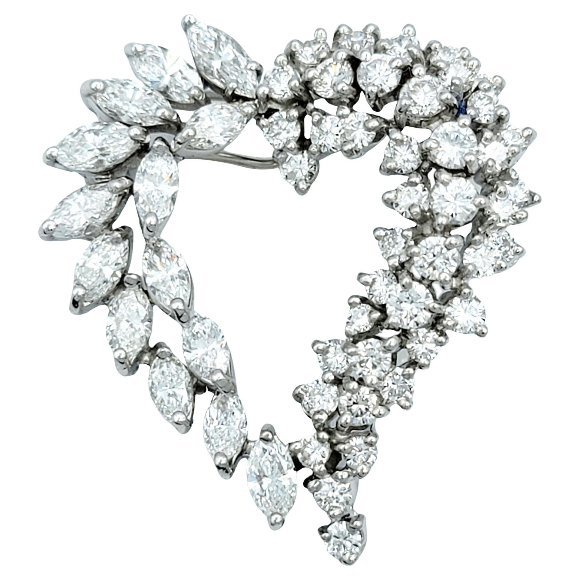 Marquise and Round Diamond Open Heart Brooch / Pendant in 14 Karat White Gold For Sale