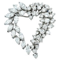 Marquise and Round Diamond Open Heart Brooch / Pendant in 14 Karat White Gold